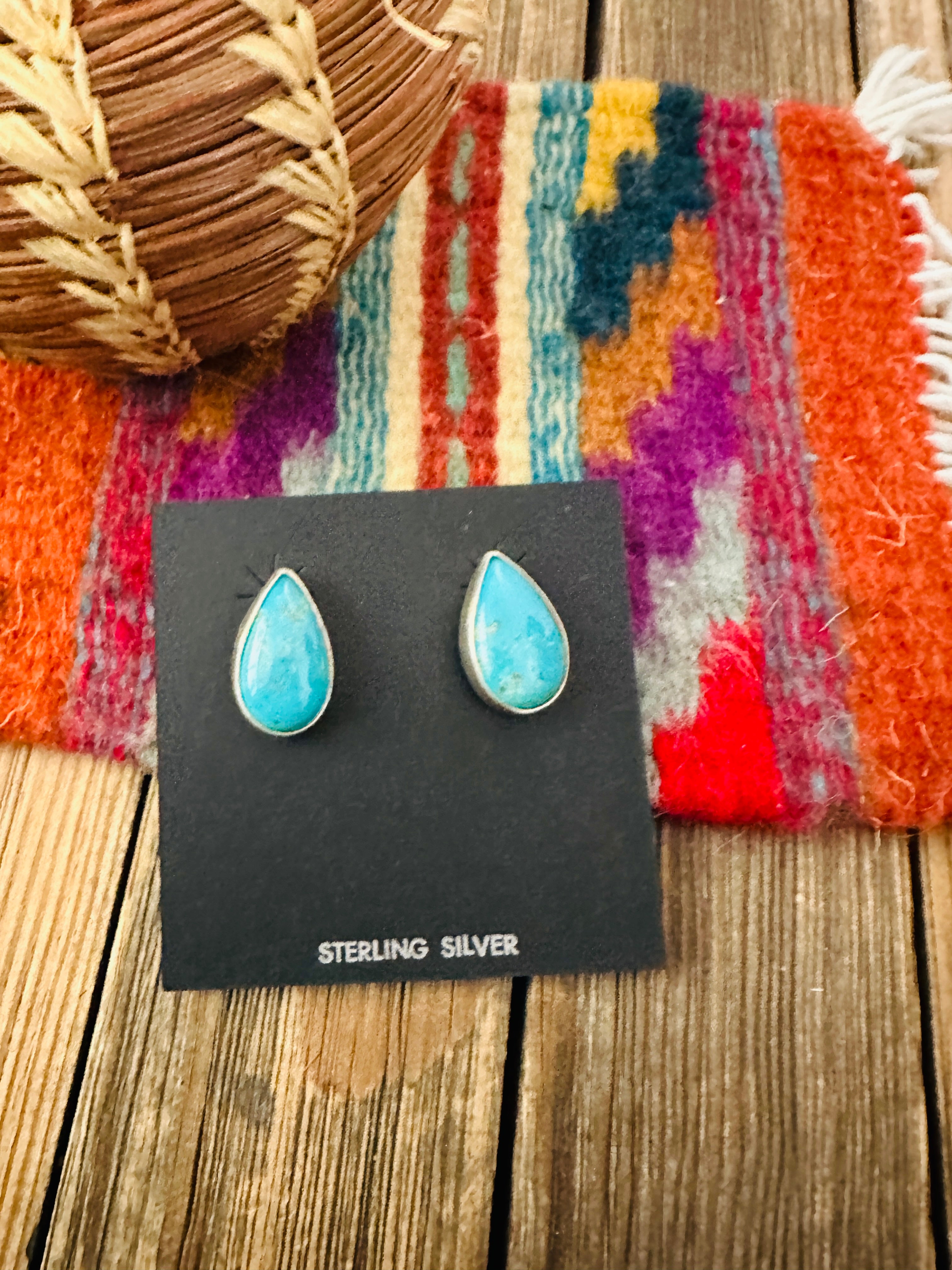 Handcrafted Turquoise & Sterling Silver Teardrop Post Earrings