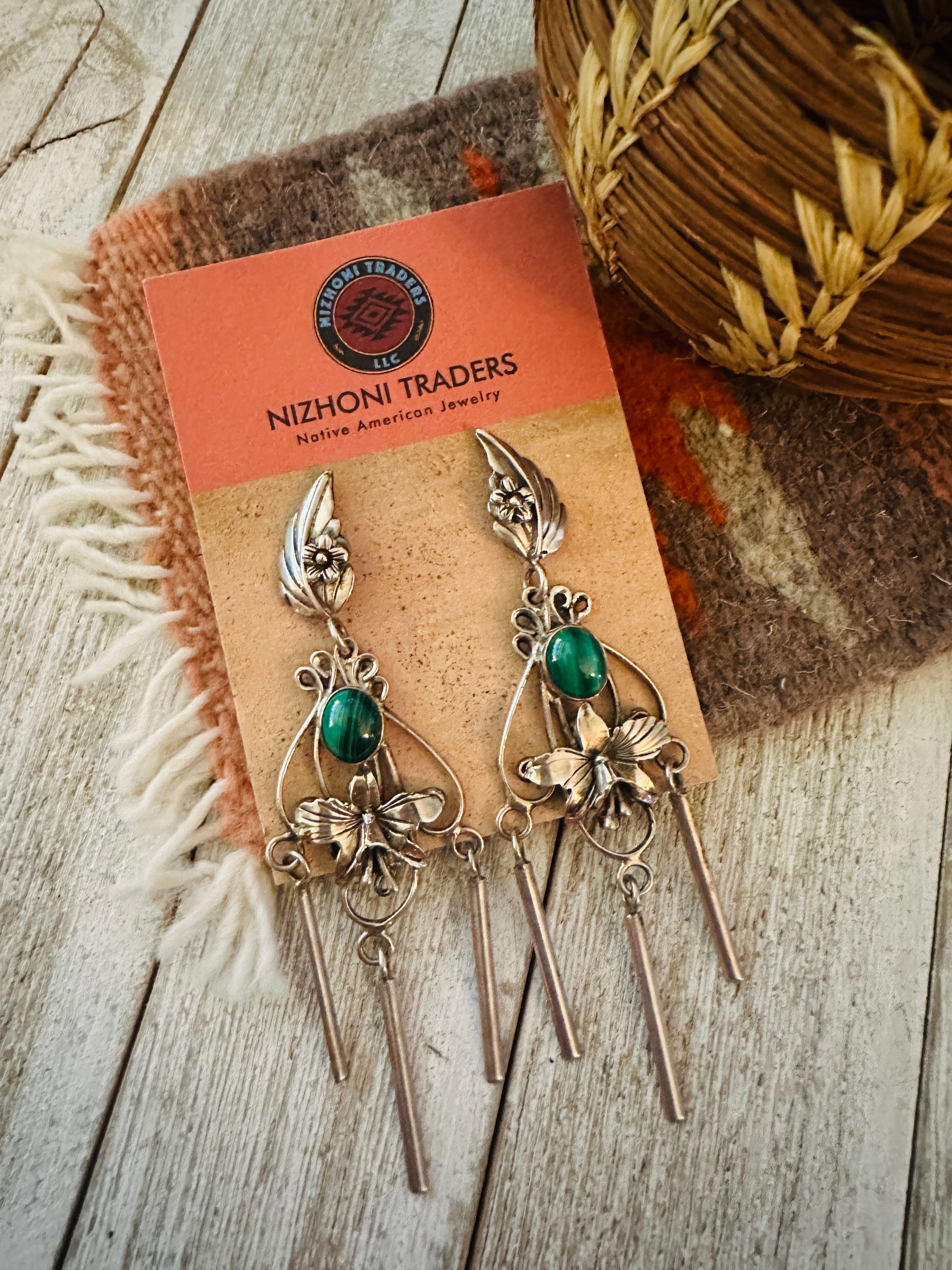 Handcrafted Malachite & Sterling Silver Flower Dangle Earrings