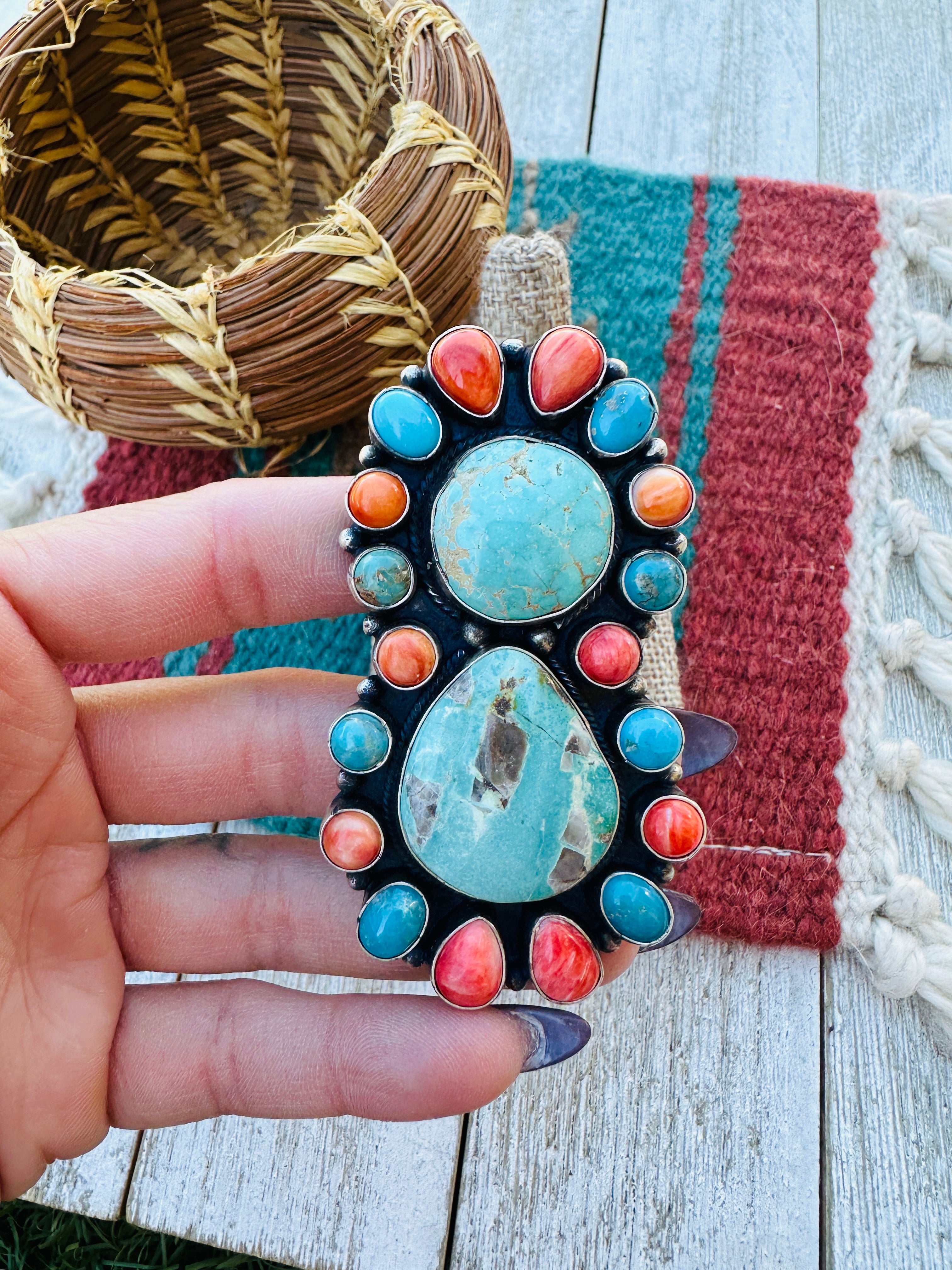 Handcrafted Turquoise, Spiny & Sterling Silver Cluster Ring Size 12 by Sheila Becenti