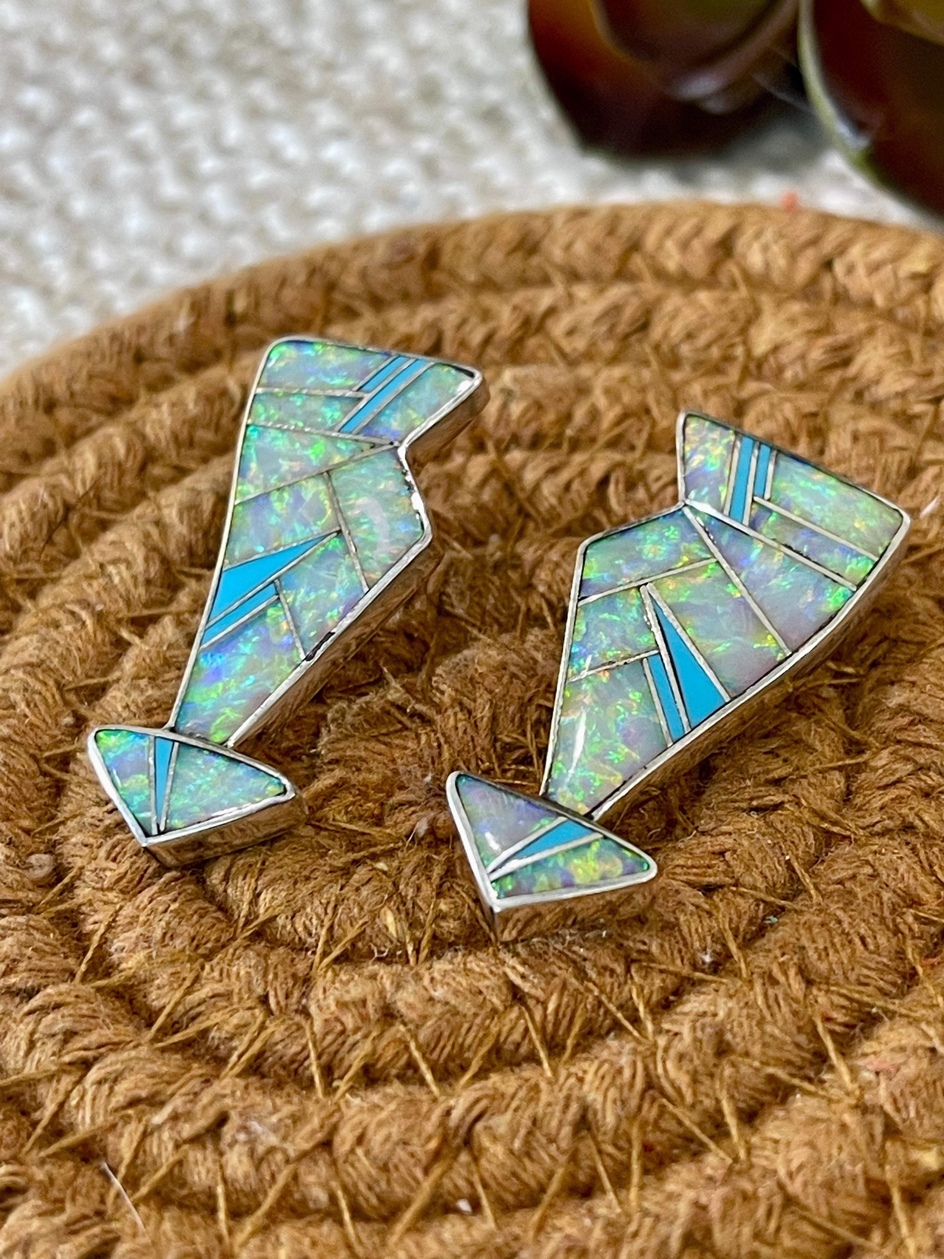 Beautiful Handmade Sterling Silver, Fire Opal & Turquoise Arrow Earrings