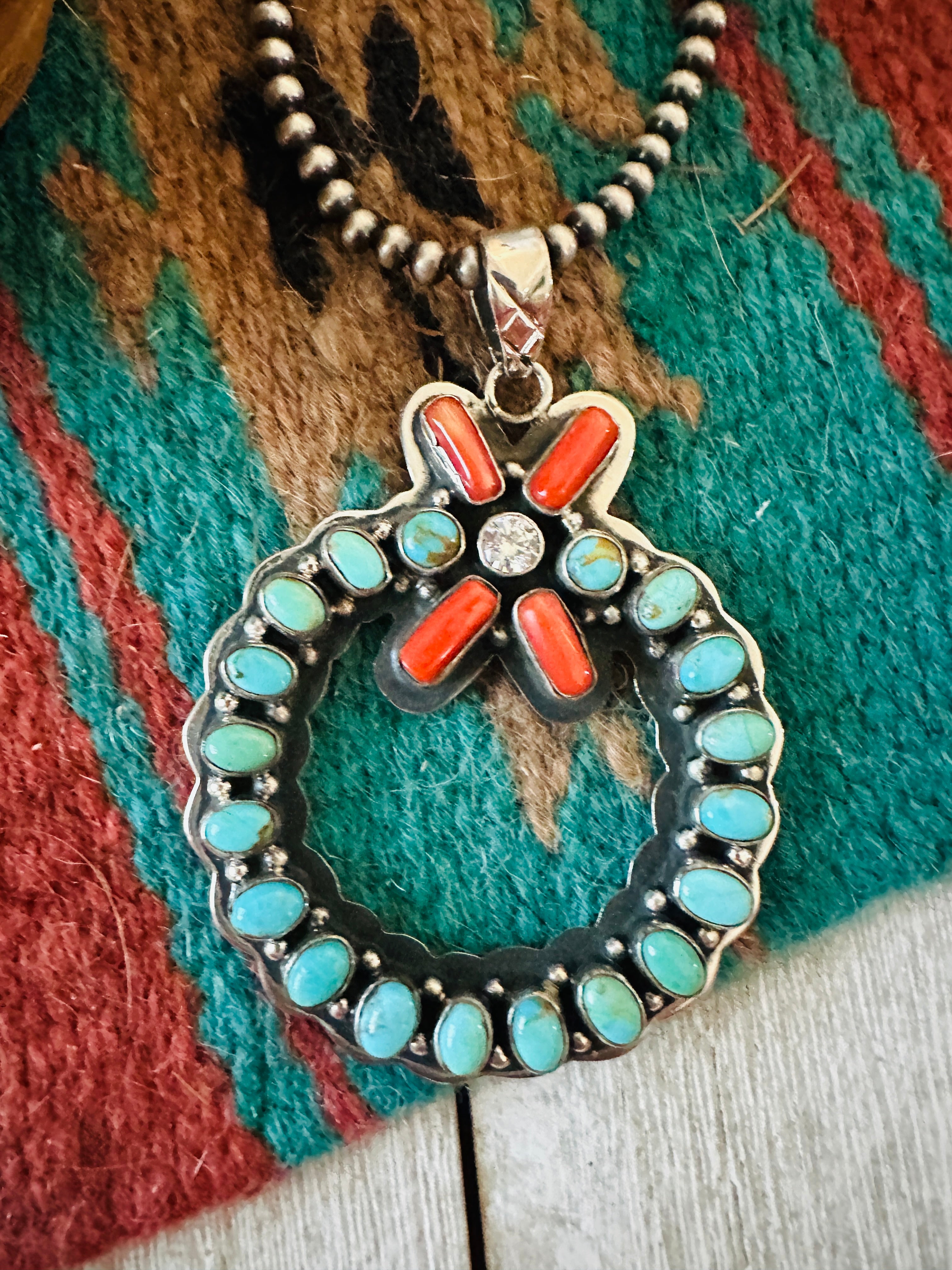 ** Christmas Collection ** Handmade Sterling Silver, Turquoise, Coral & CZ Wreath Pendant Signed Nizhoni
