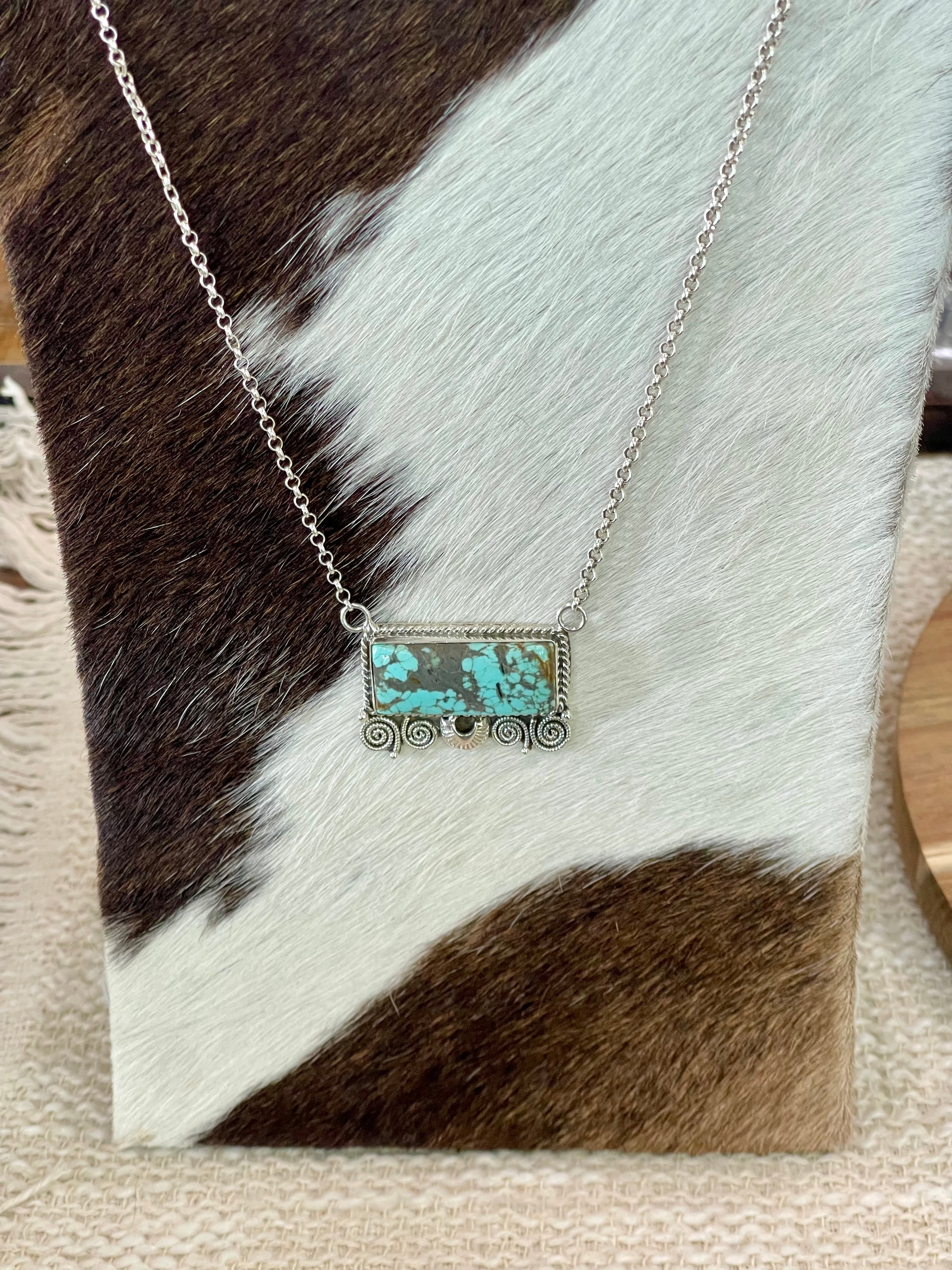 Handmade Sterling Silver Number 8 Turquoise Bar Necklace with Signed Nizhoni