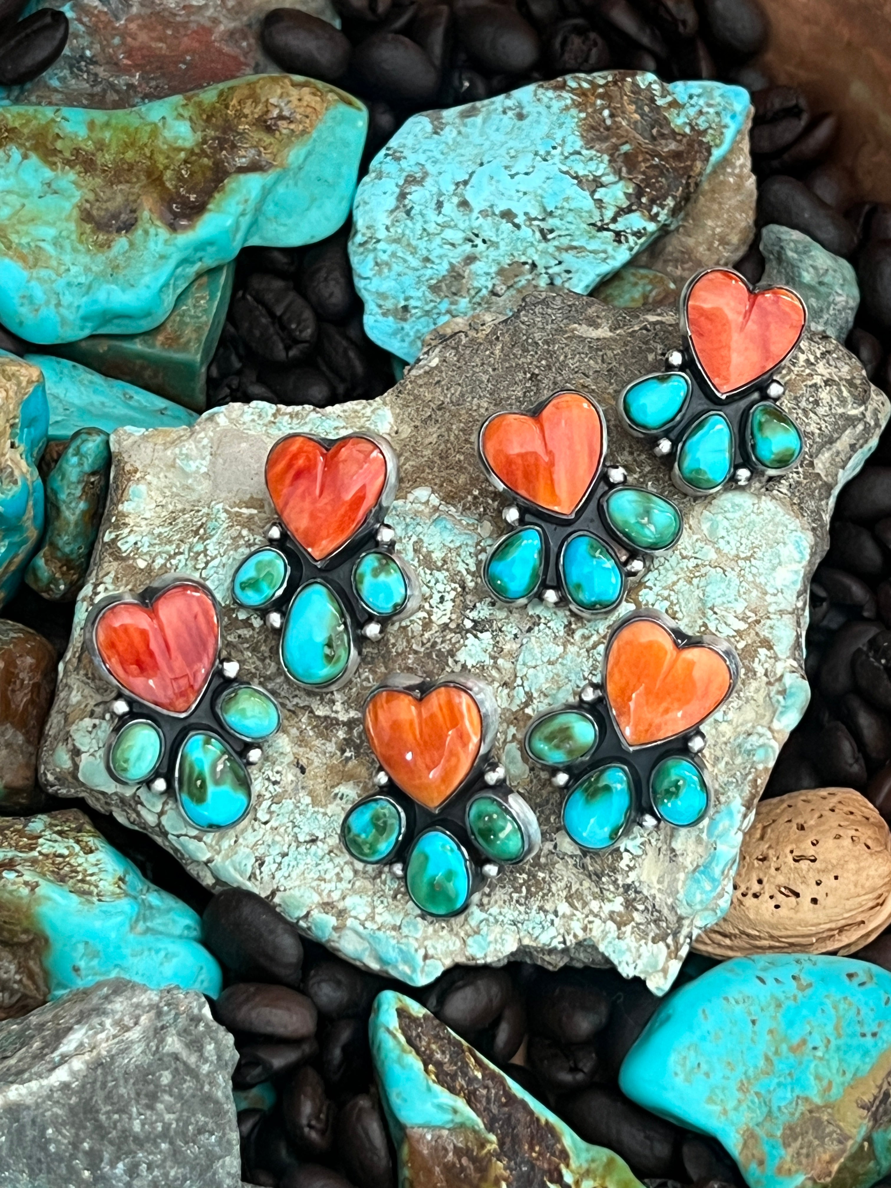 Vibrant Handcrafted Sterling Silver, Sonoran Turquoise and Spiny Oyster Shell Heart Cluster Post Earrings by Lucy Jake