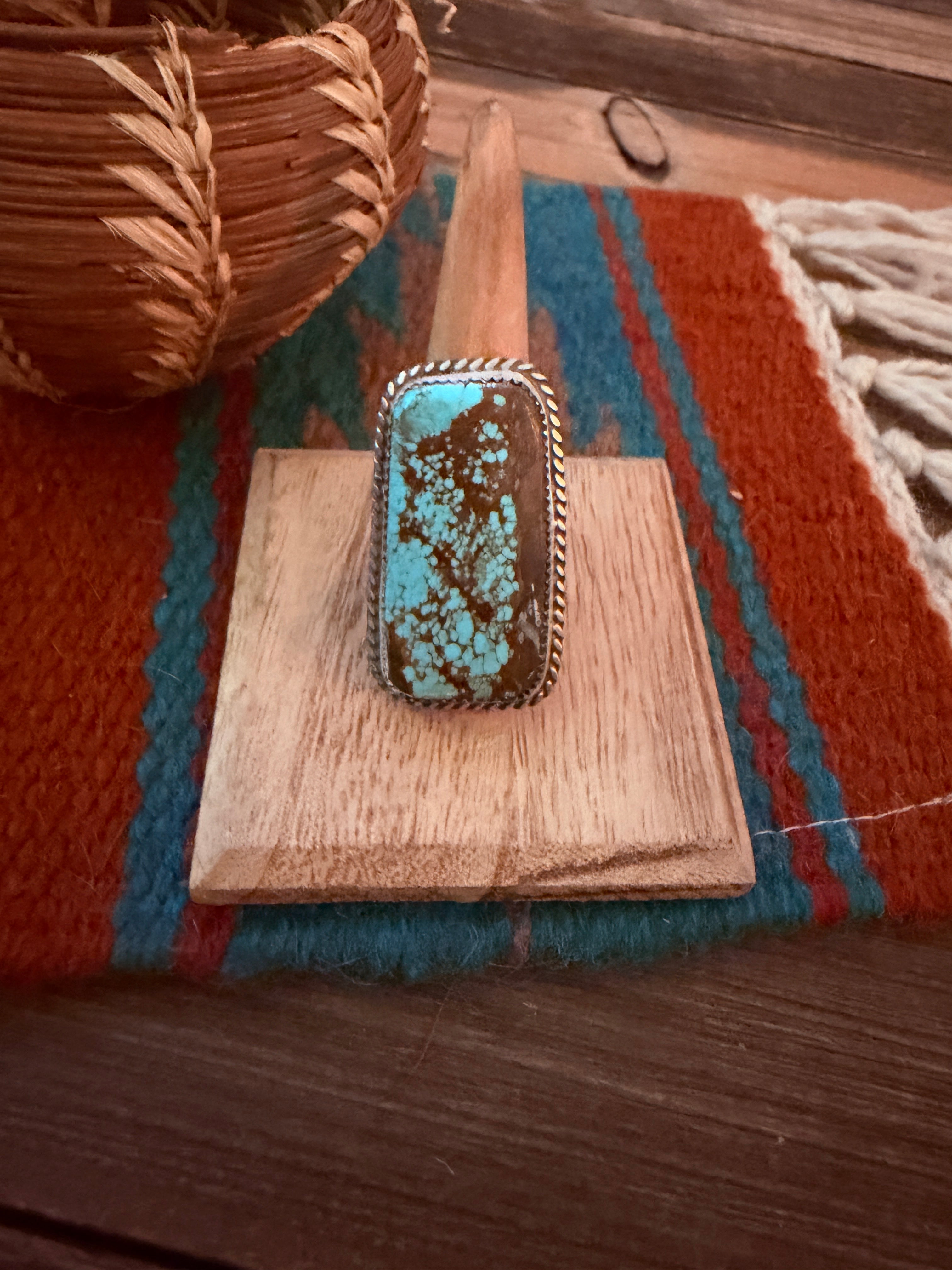 Handcrafted Royston Turquoise & Sterling Silver Ring Size 8.5 by Leslie Nez