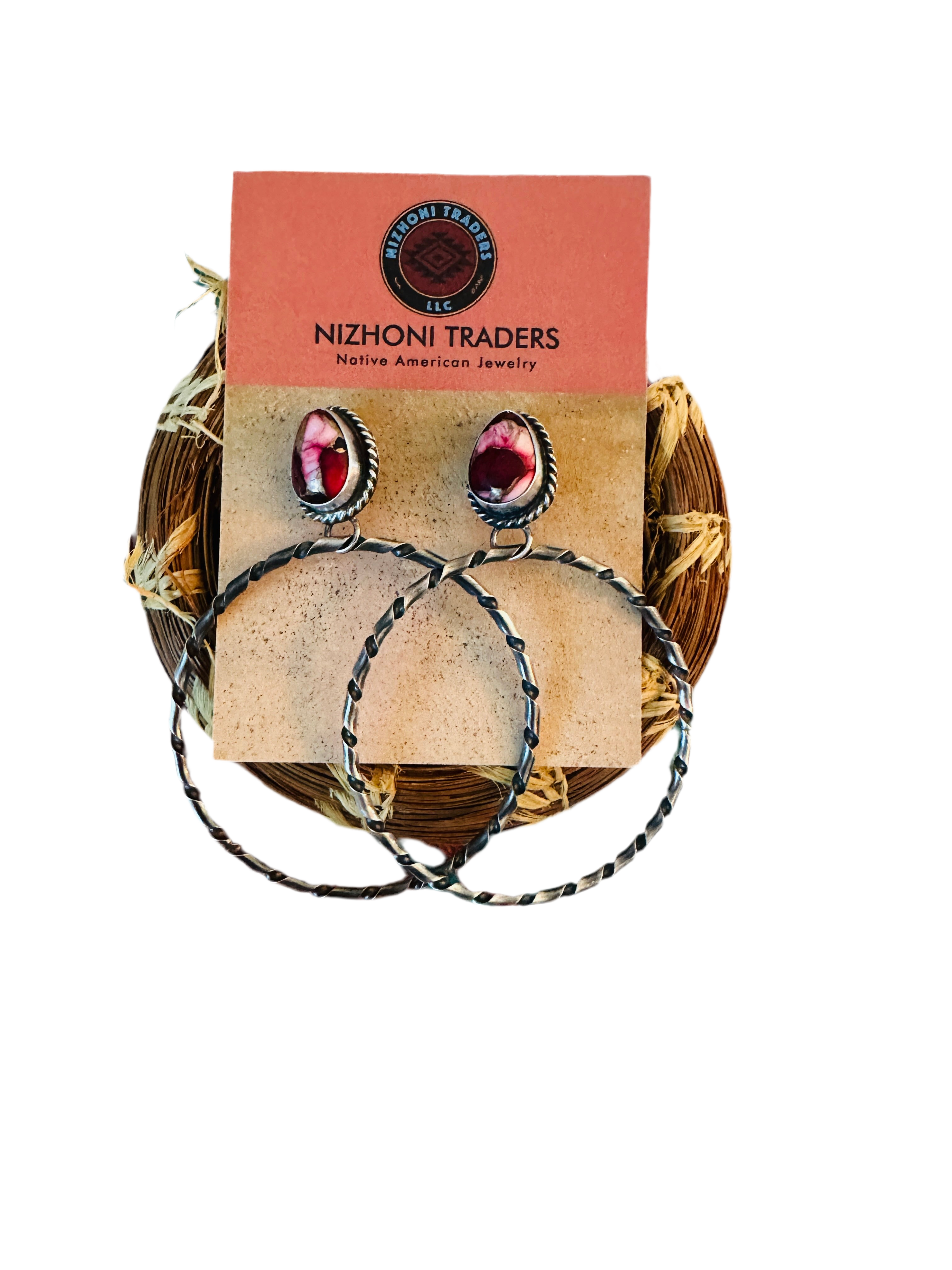 Navajo Rose Dahlia and Sterling Silver Dangle Hoop Earrings