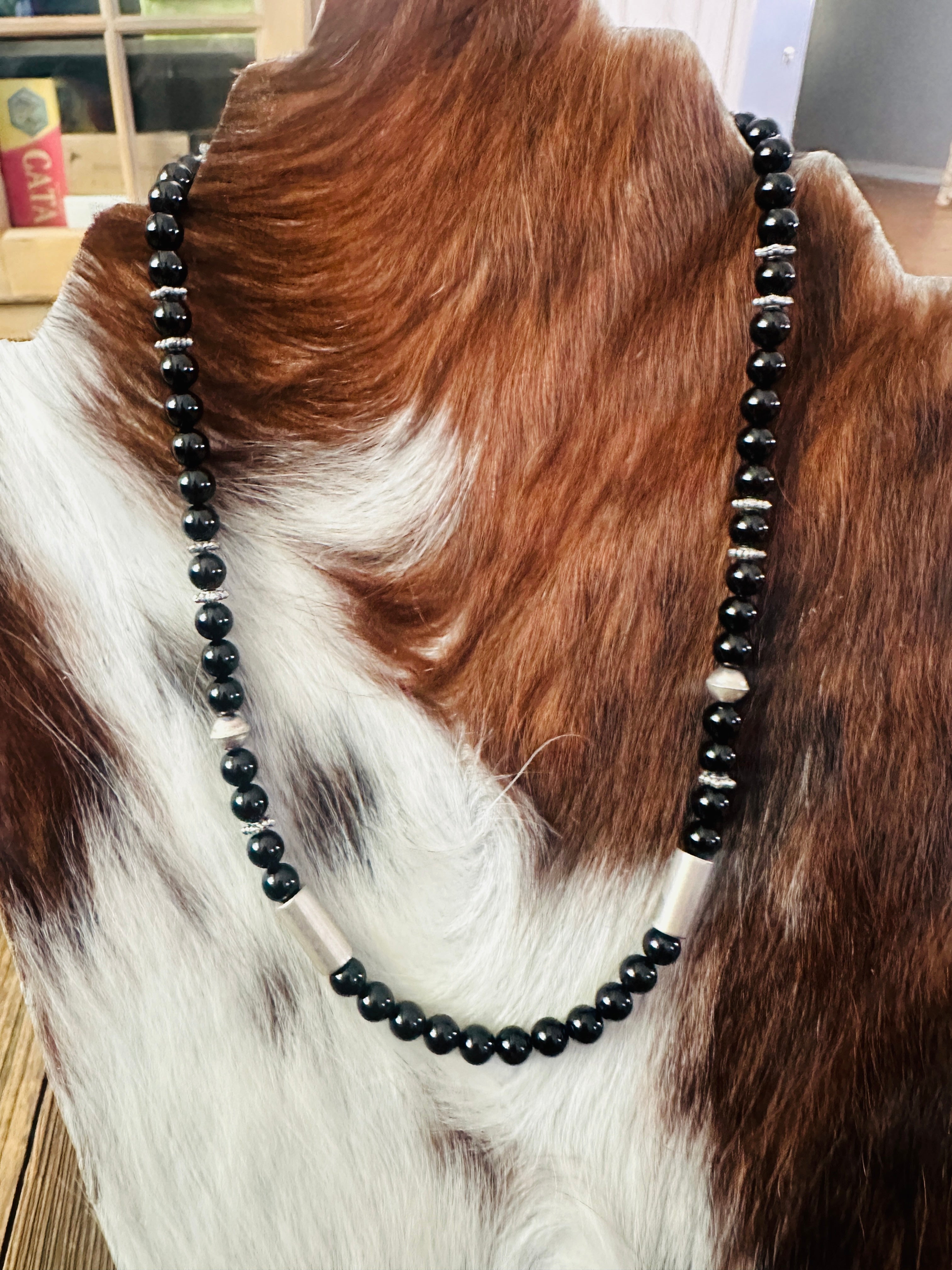 Handcrafted Black Onyx & Sterling Silver Beaded 18” Necklace by T & R Singer