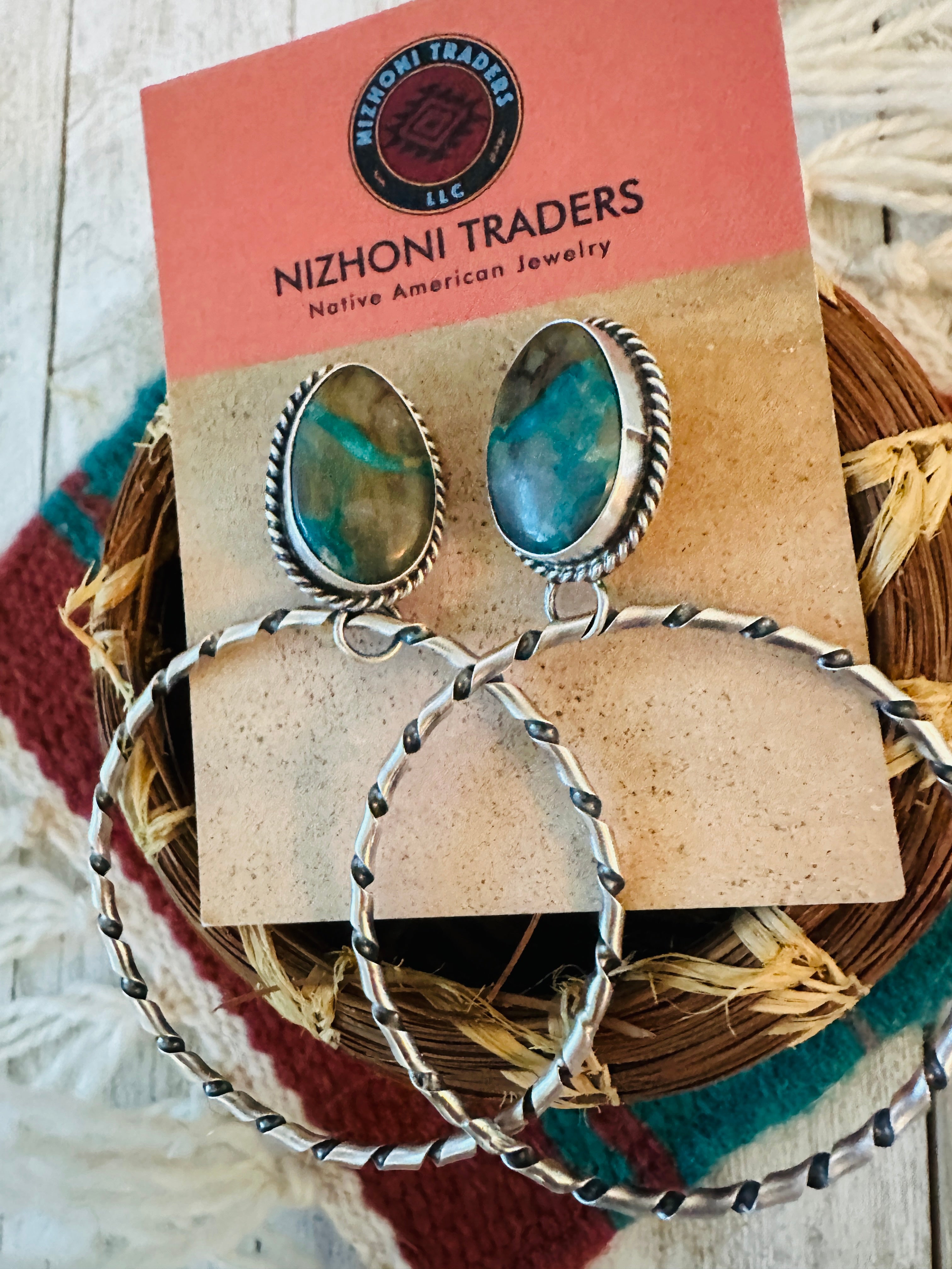 Navajo Ribbon Turquoise and Sterling Silver Dangle Hoop Earrings