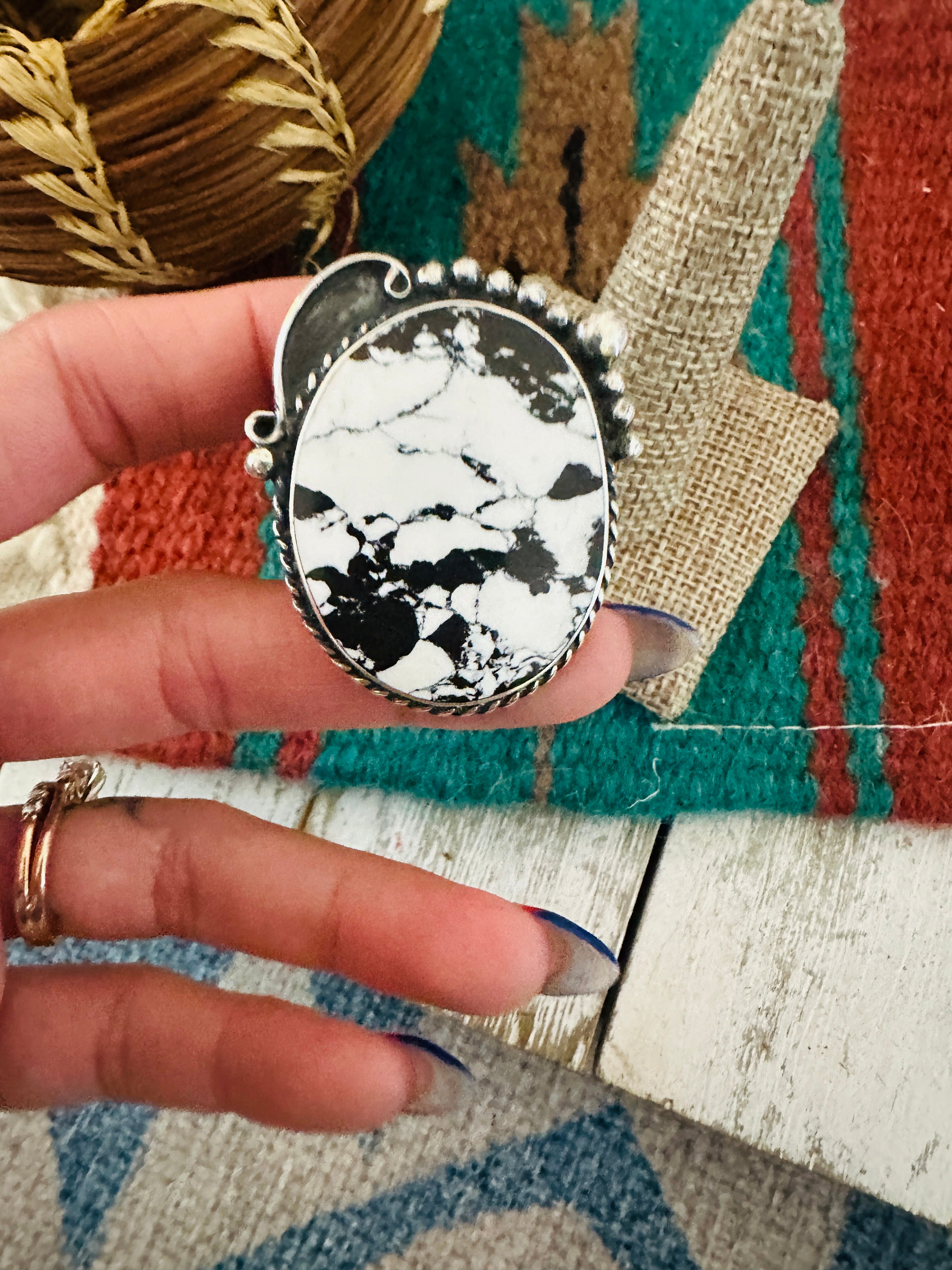 Handcrafted Old Pawn Sterling Silver & White Buffalo Ring Size 7.75