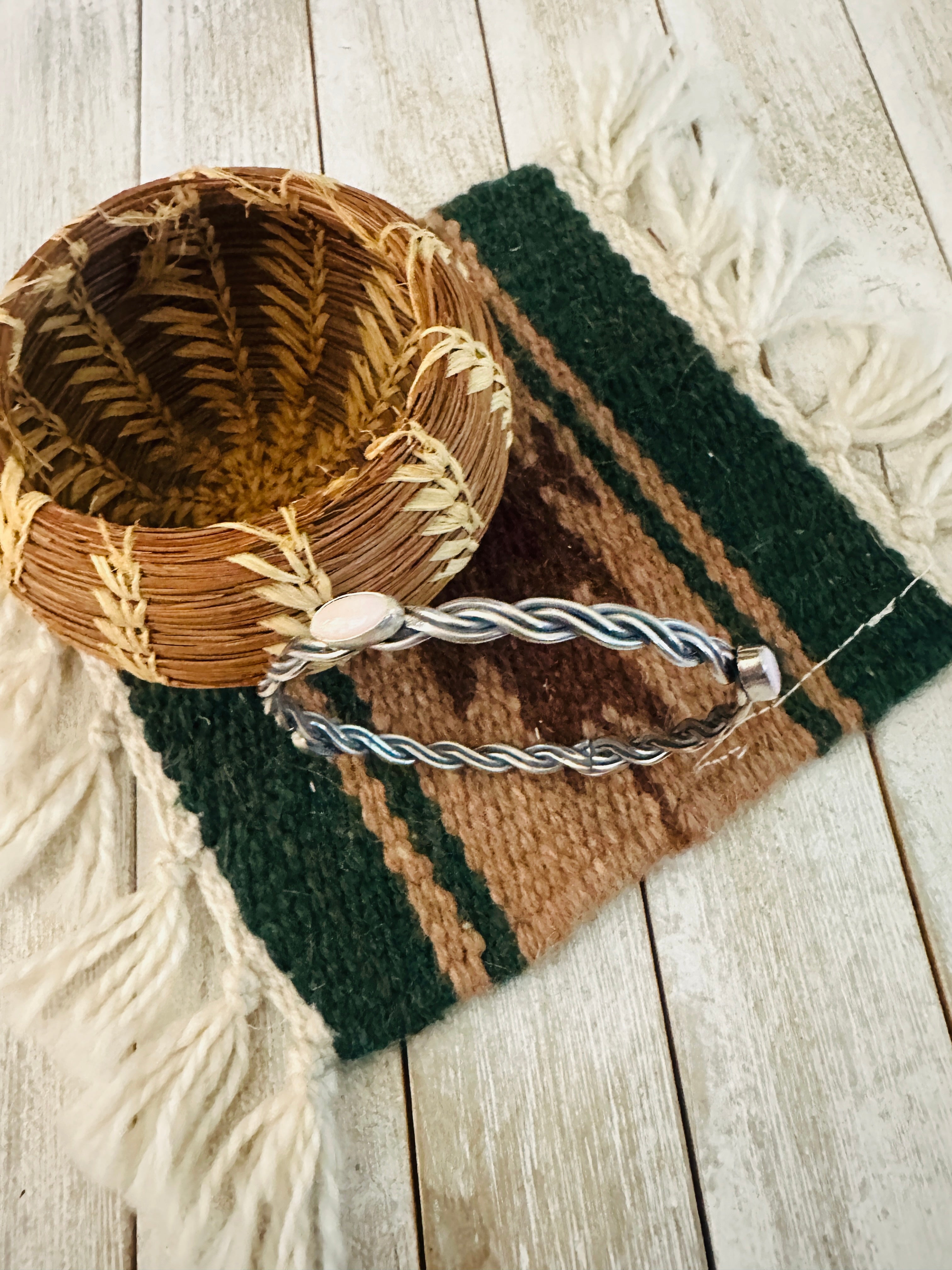 Handcrafted Twisted Sterling Silver & Queen Pink Conch Shell Bangle Bracelet