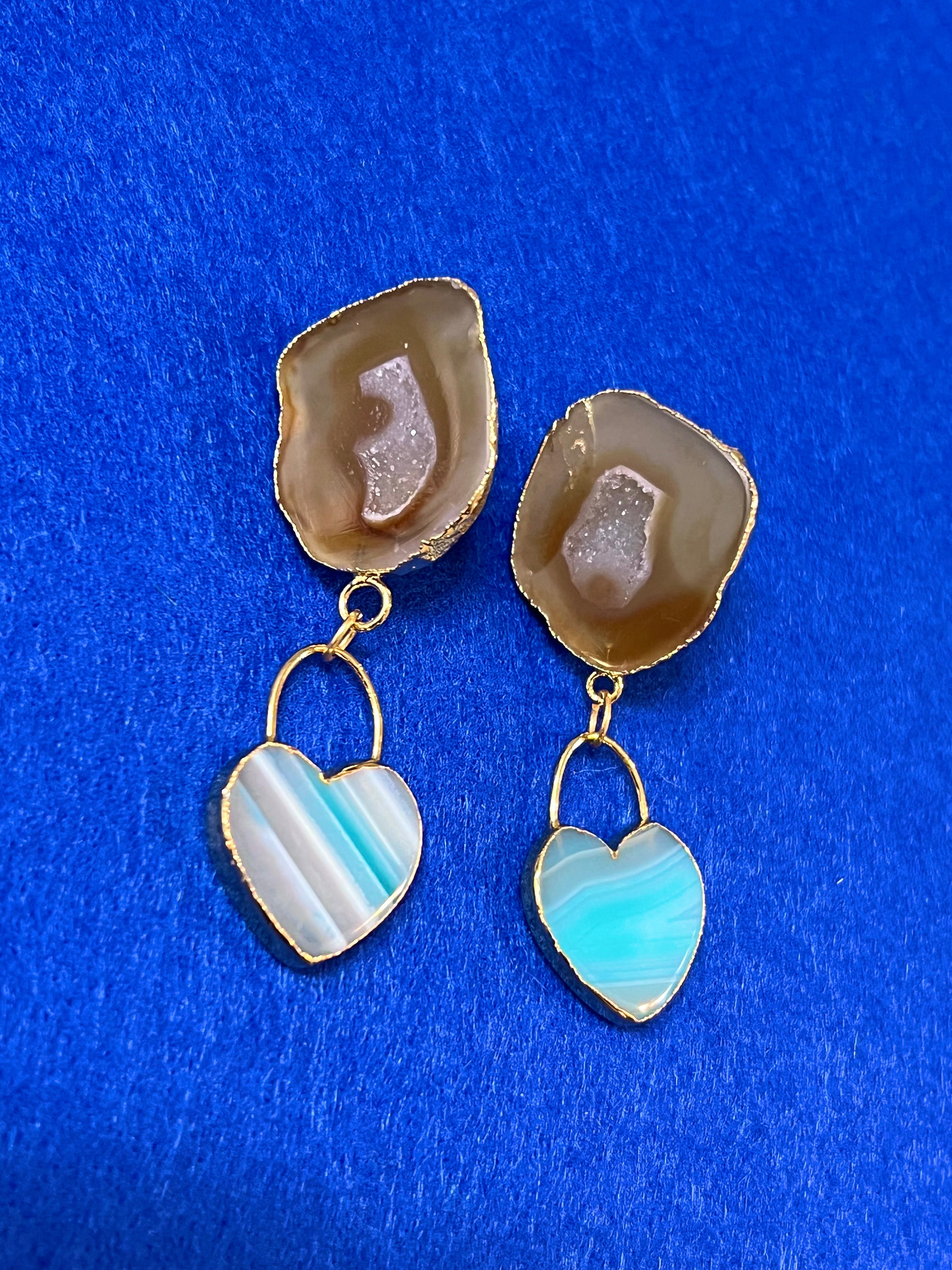 Handmade 14k Gold Druzy Plated Brass White Geode & Blue Heart Dangle Stud Earrings