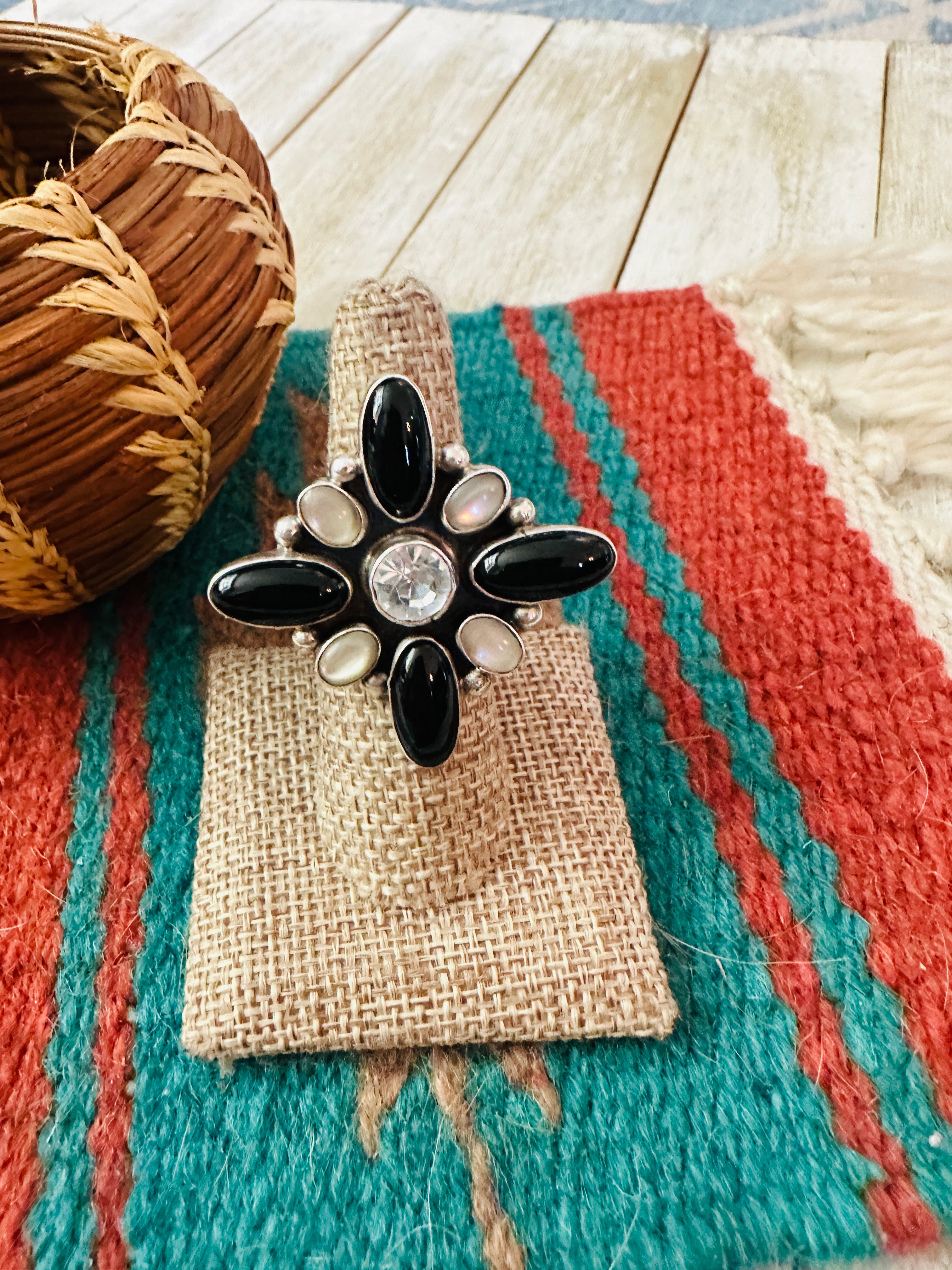 Handcrafted Onyx, Mother of Pearl, CZ & Sterling Silver Adjustable Ring by Jacqueline Silver