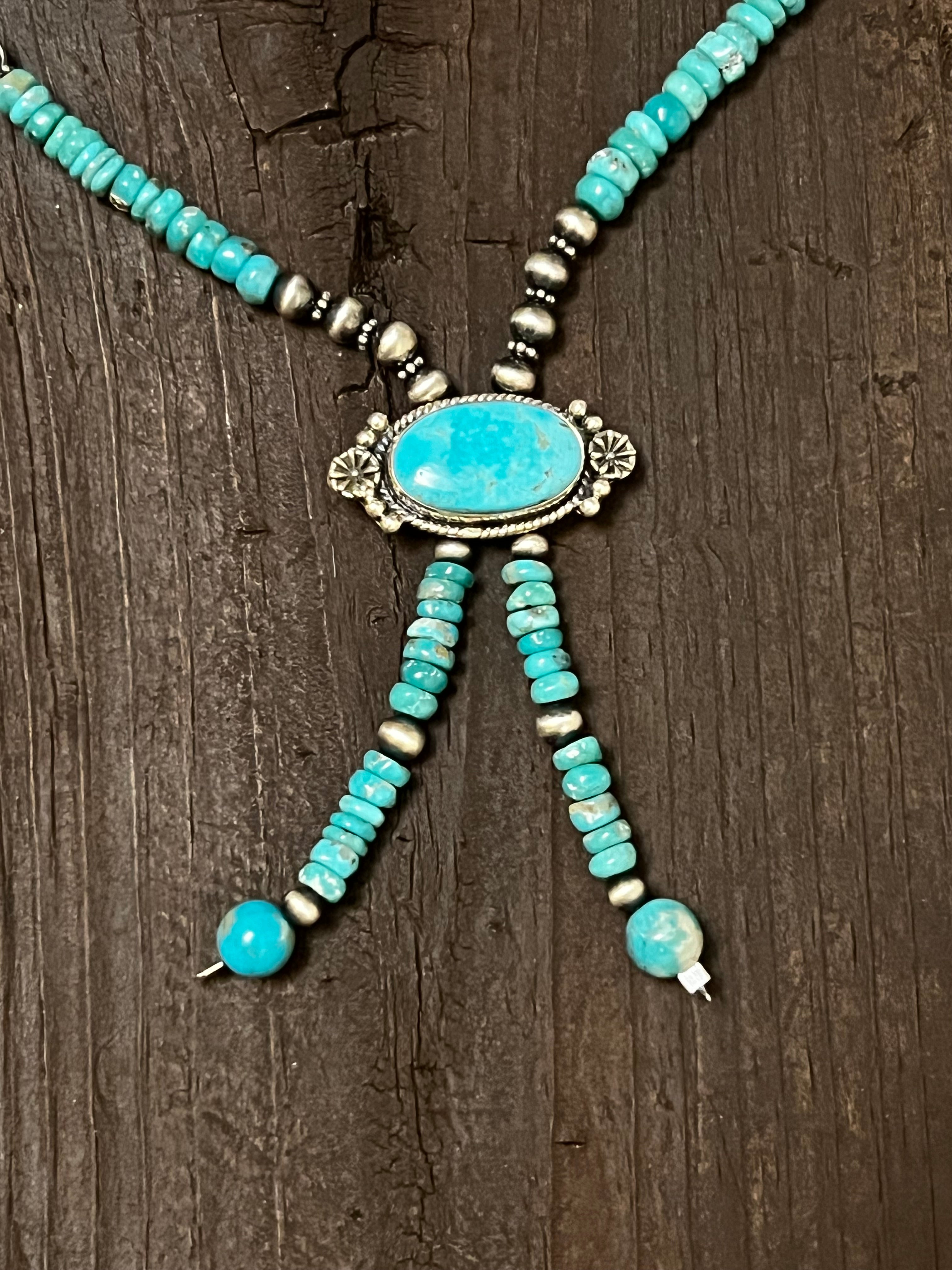 Handmade Sterling Silver Heishi Beaded Turquoise Tassel Bolo Necklace