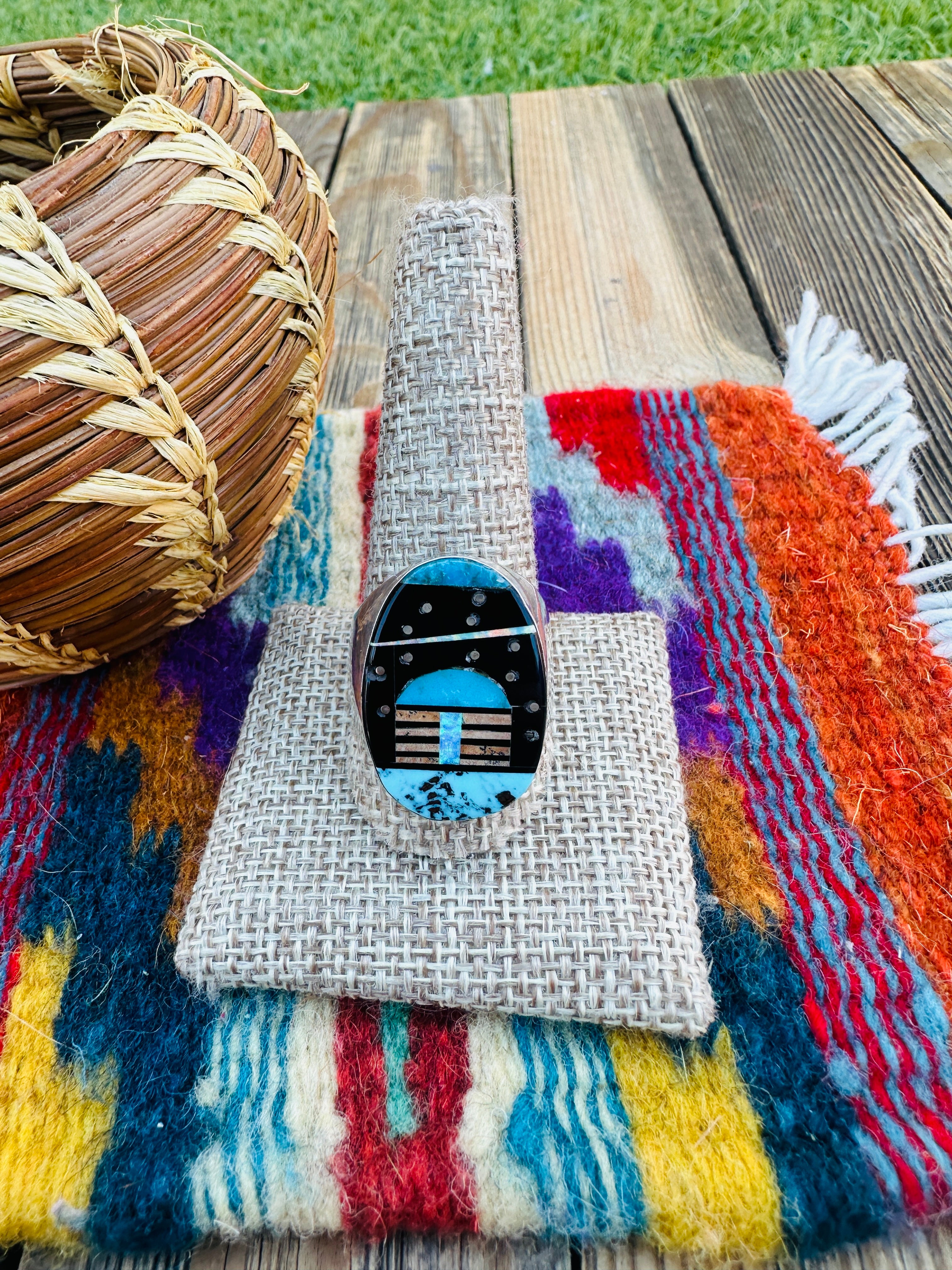 Handcrafted Multi Stone & Sterling Silver Inlay Ring Size 11 by Gilbert Smith