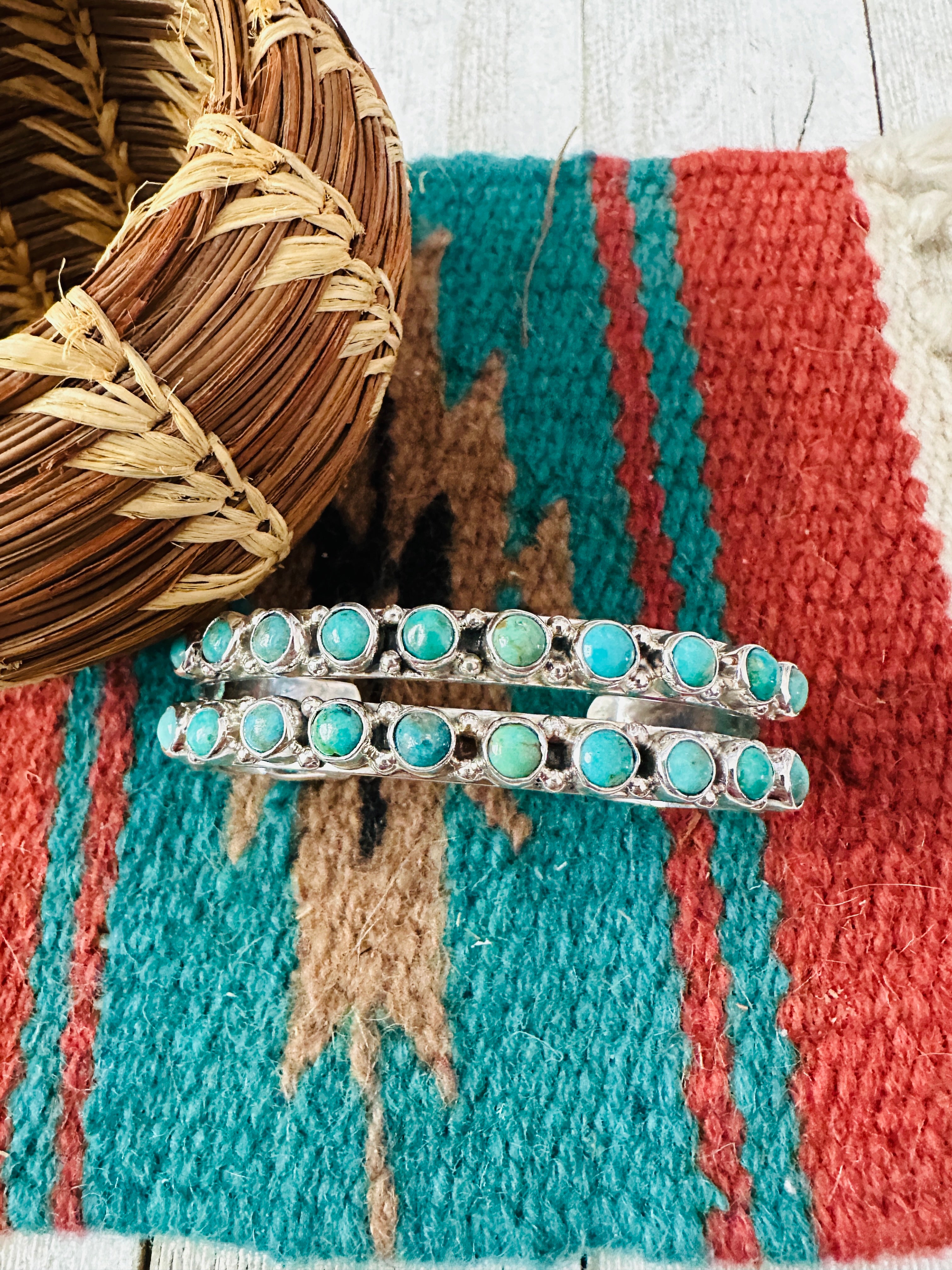 Handcrafted Sterling Silver & Turquoise Two Row Cuff Bracelet /