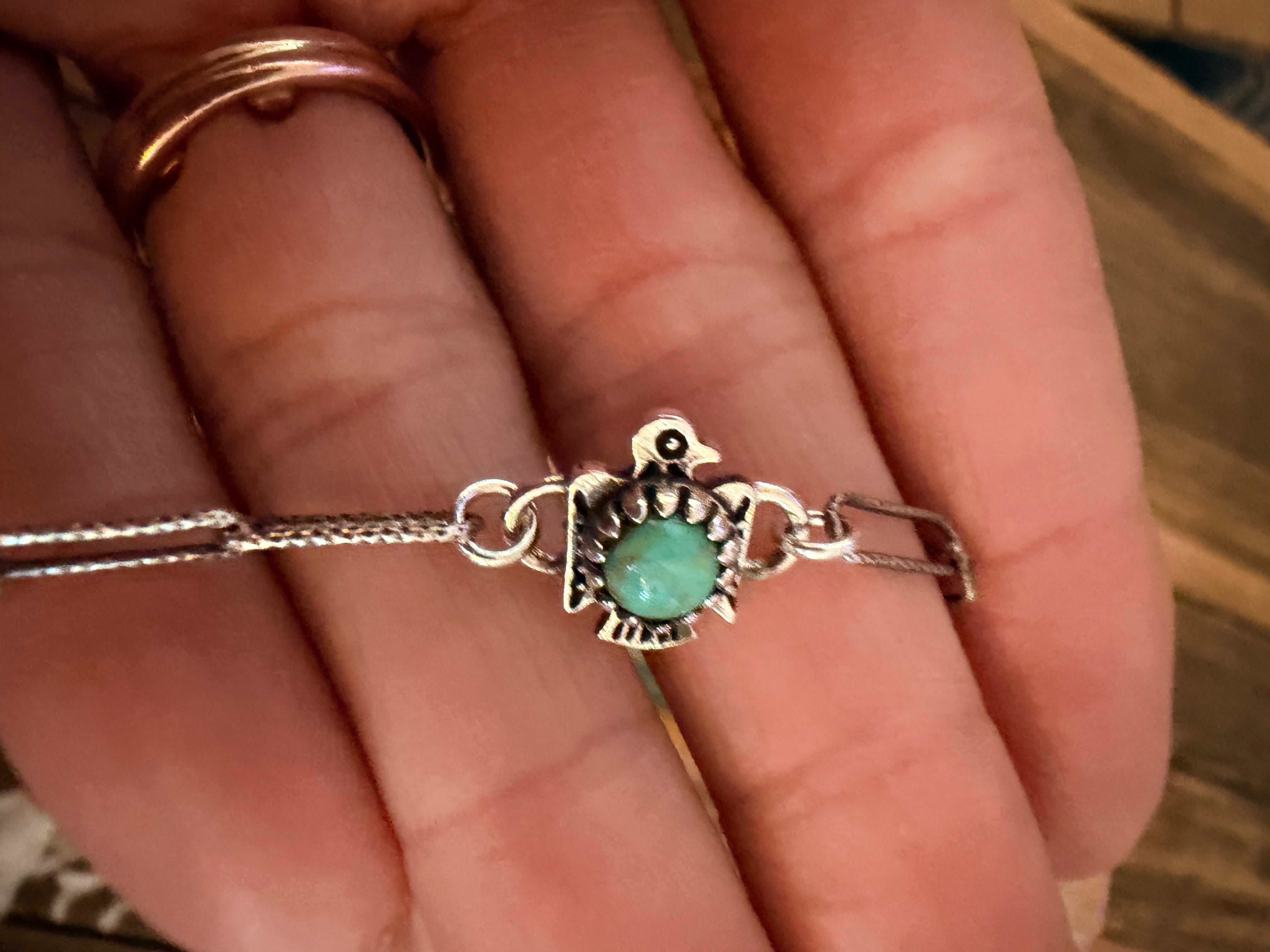 Handmade Kingman Turquoise & Sterling Silver Thunderbird Anklet