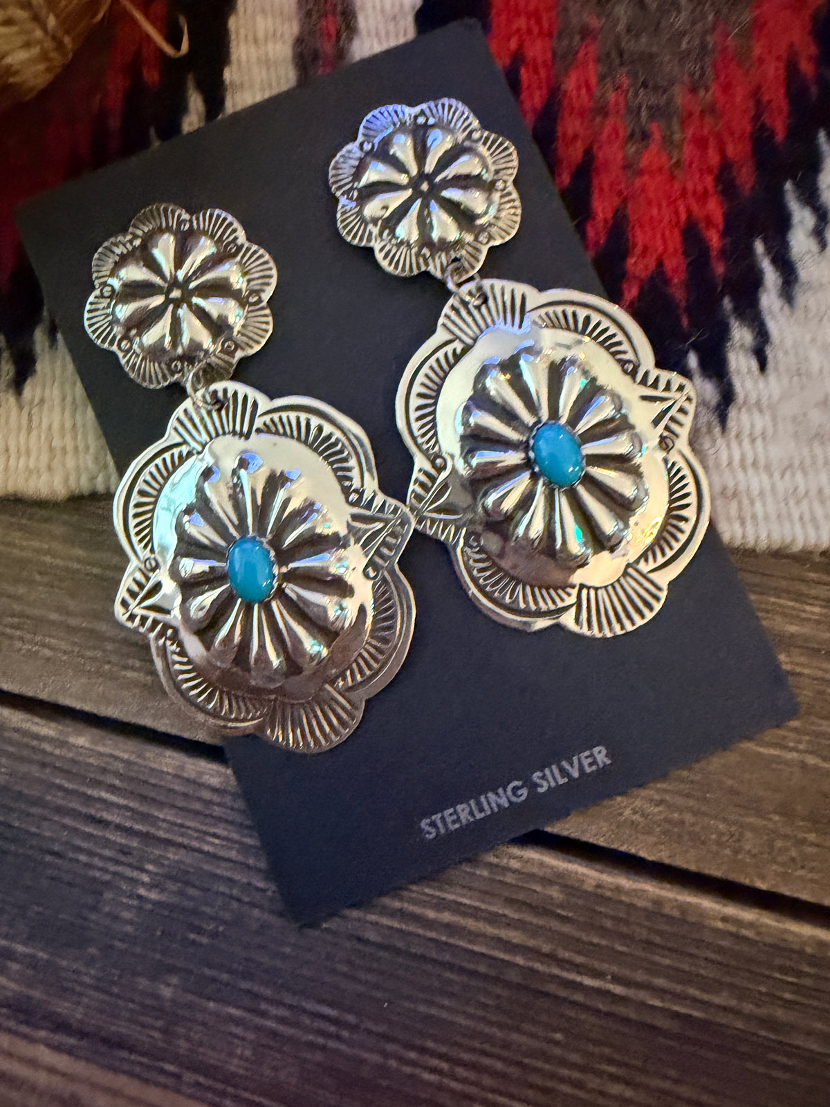 Handcrafted Turquoise & Sterling Silver Concho Dangle Earrings by Genevieve Blackgoat