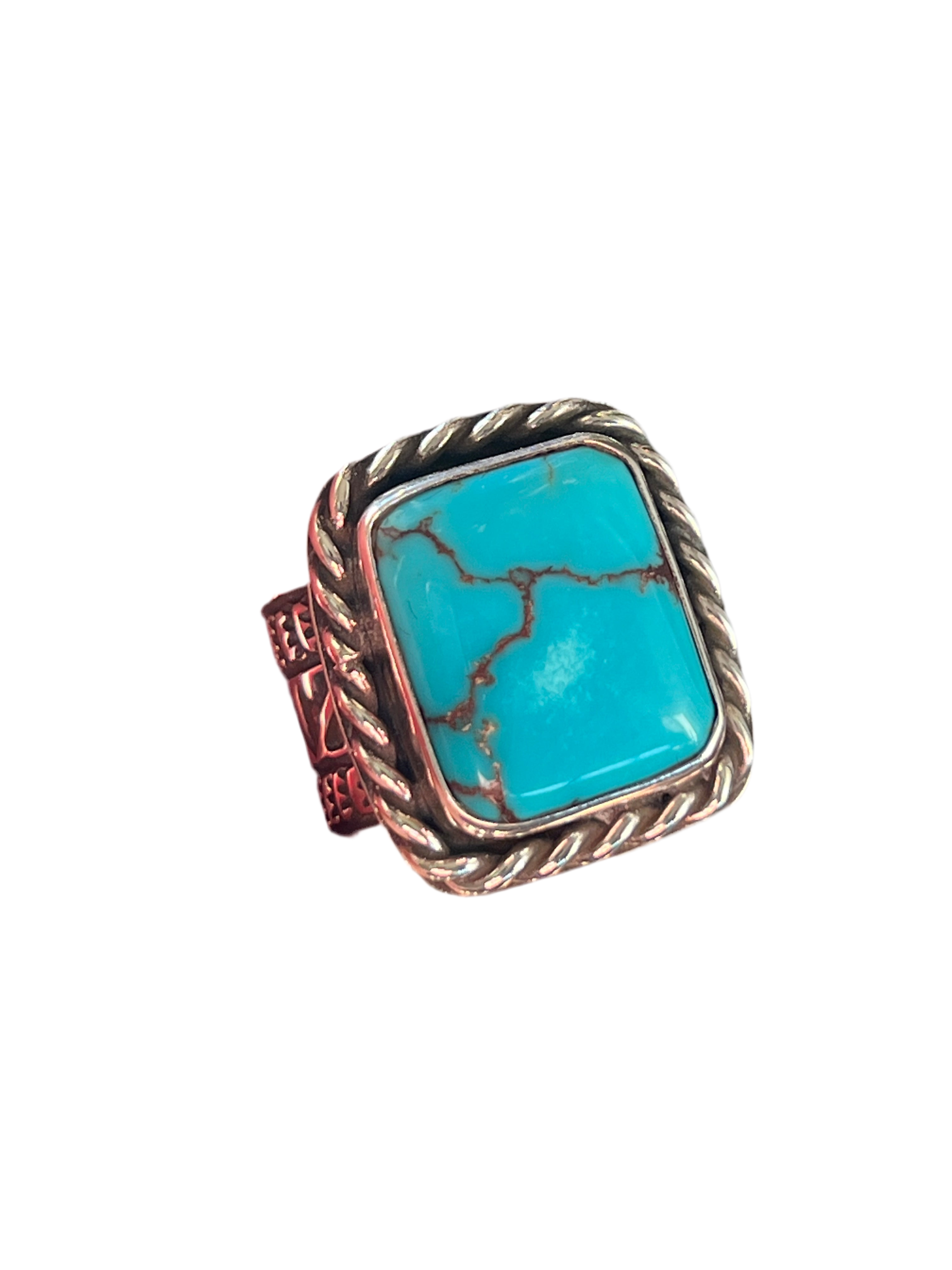 Handcrafted Hand Stamped Sterling Silver Wide Shank Ring with Egyptian Turquoise by Shaun Rogers, Size 9