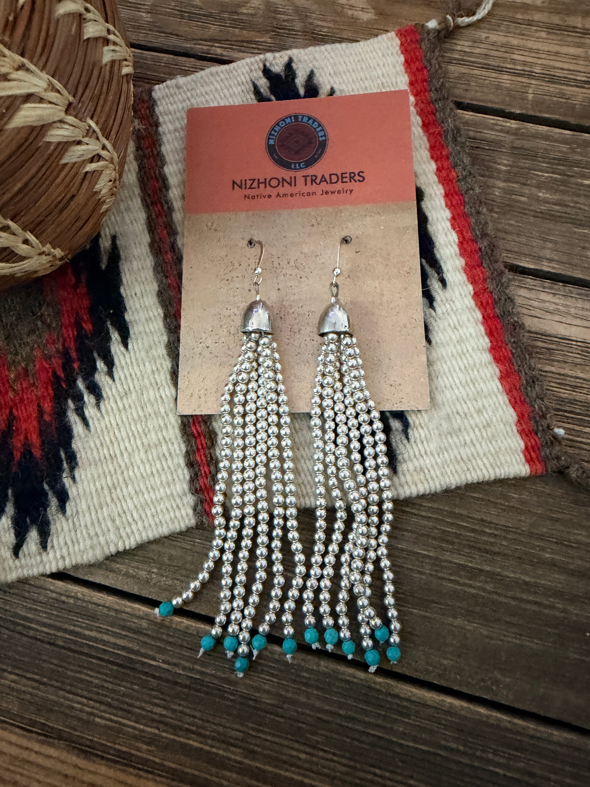 Handcrafted Turquoise & Sterling Silver Pearl Beaded Tassel Dangle Earrings