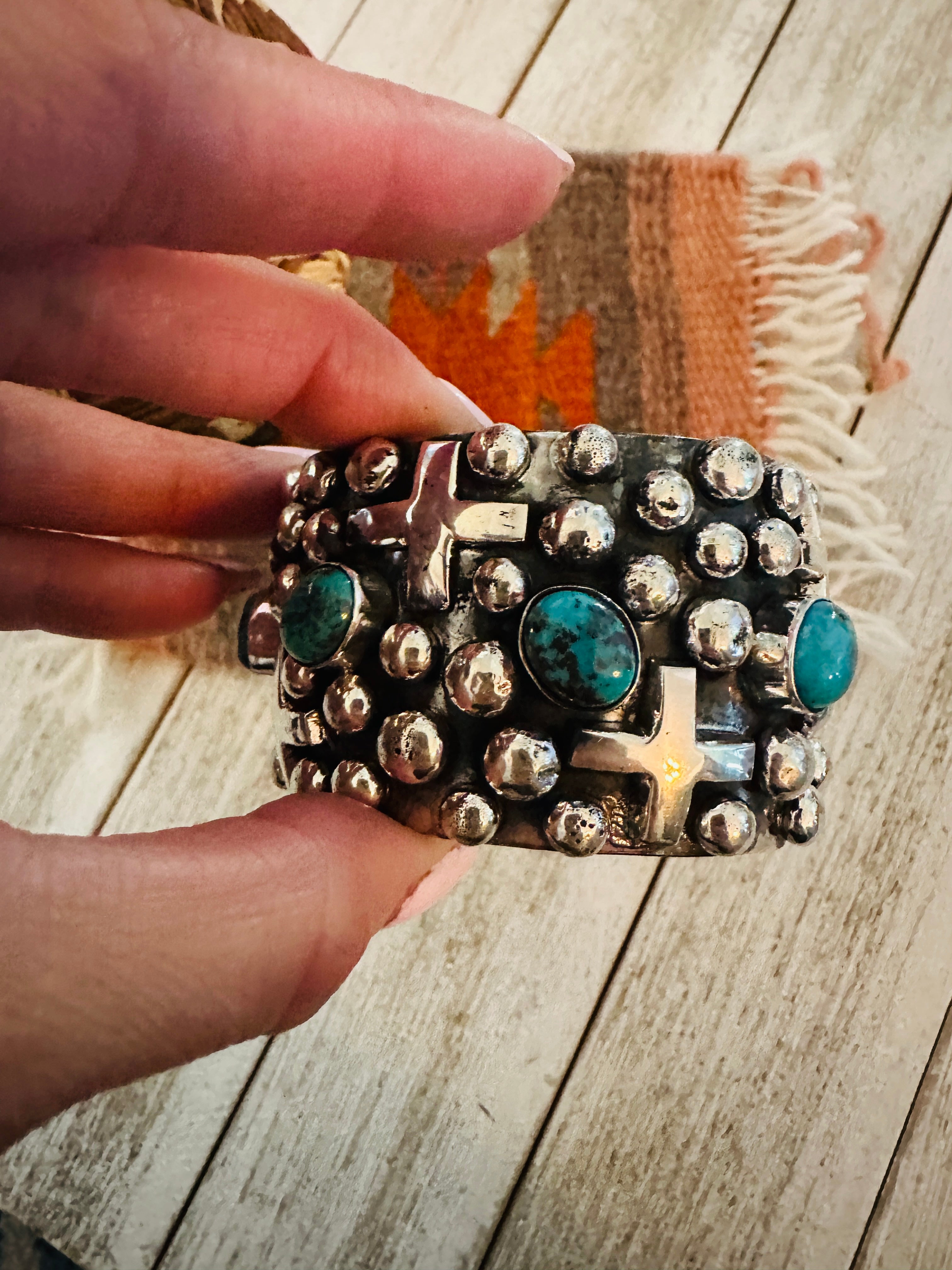 Handcrafted Turquoise & Sterling Silver Cross Cuff Bracelet By Chimney Butte w/ Matrix /