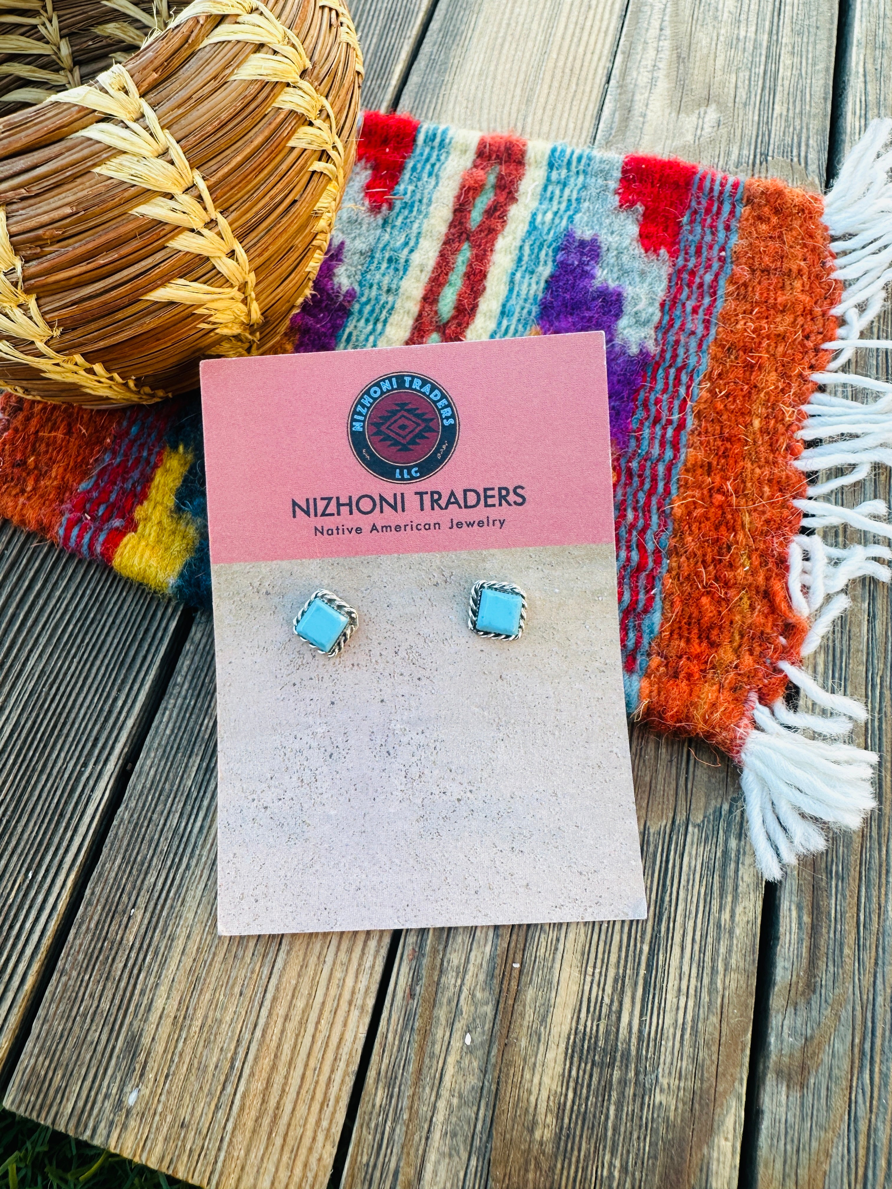 Handcrafted Turquoise & Sterling Silver Square Stud Earrings