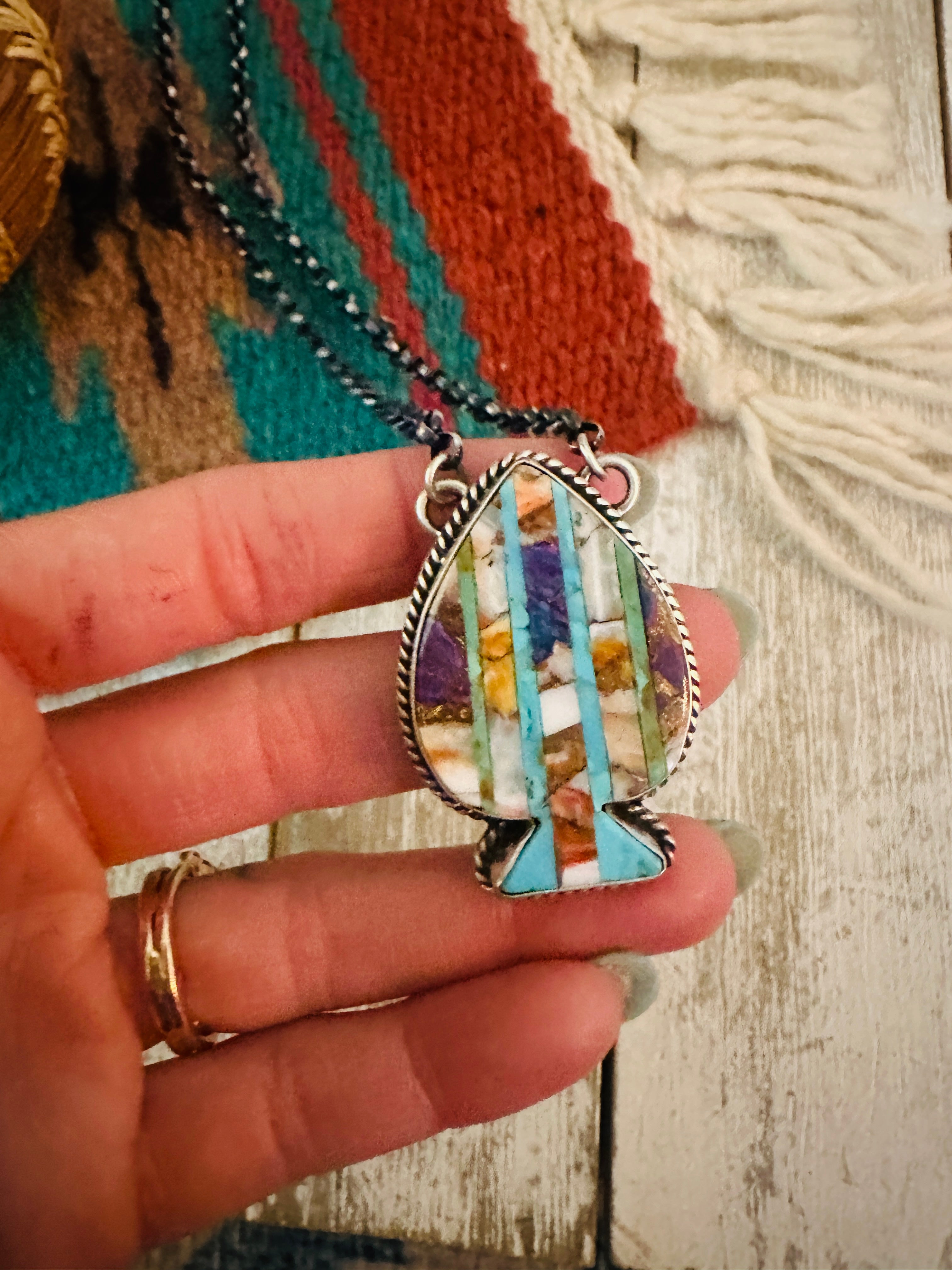 Navajo Sterling Silver & Multi Stone Inlay Spade Necklace