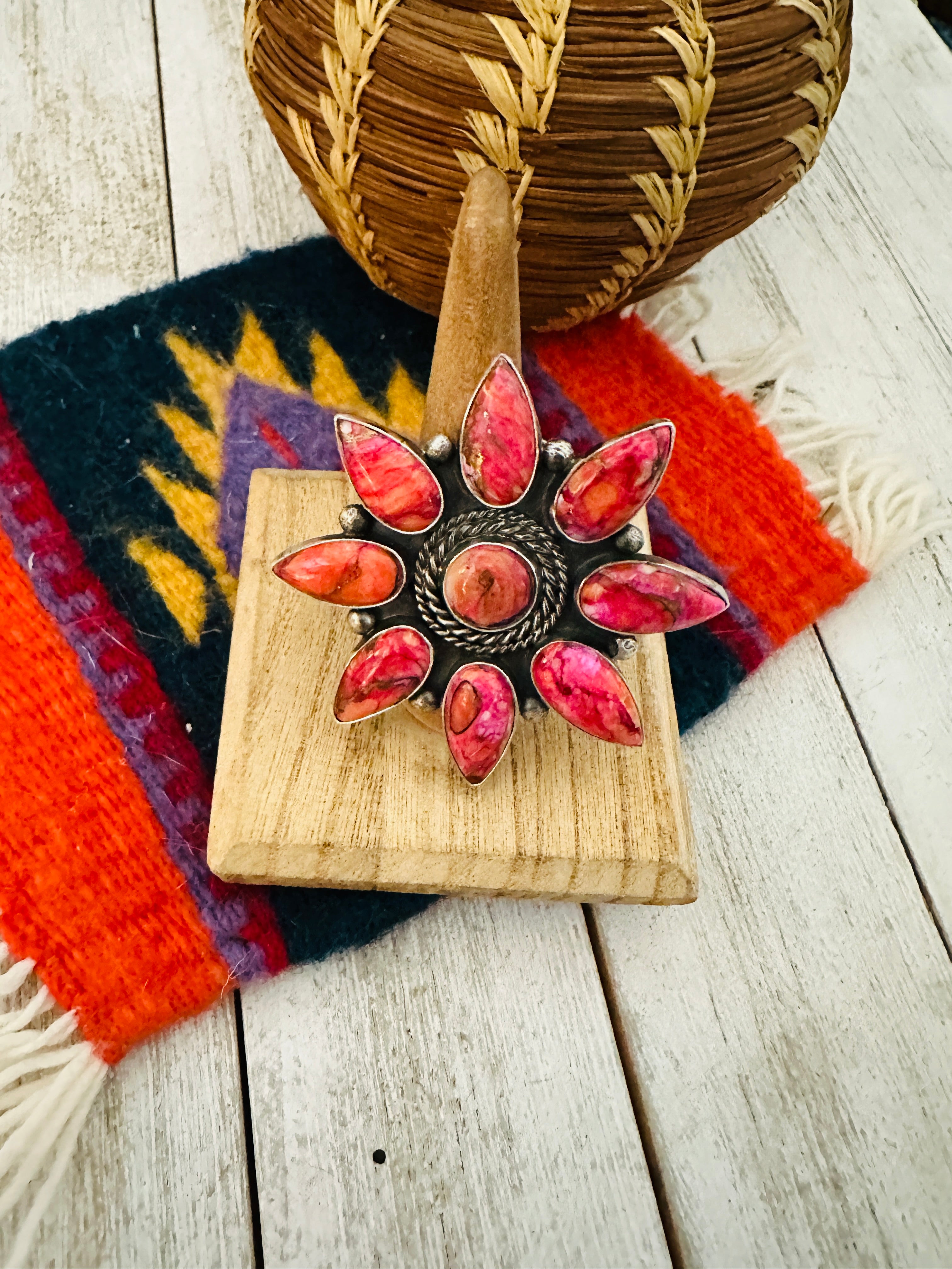 Navajo Pink Mojave & Sterling Silver Cluster Adjustable Ring