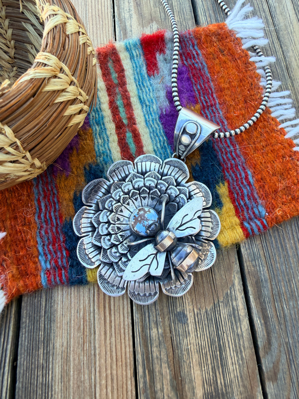 Handcrafted Sterling Silver & Golden Hills Turquoise Sunflower Necklace with Bee by Russell Sam