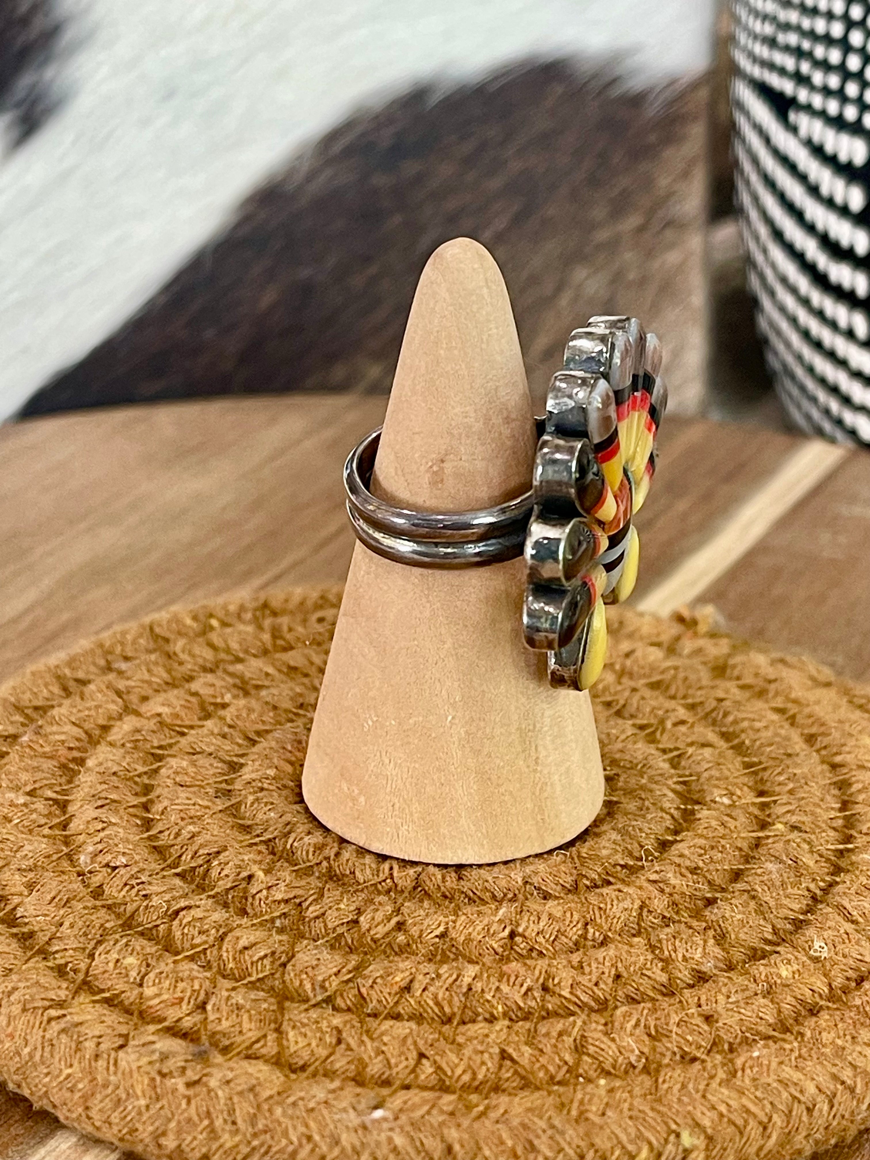 Handmade Sterling Silver & Multi Stone Sunface Adjustable Ring