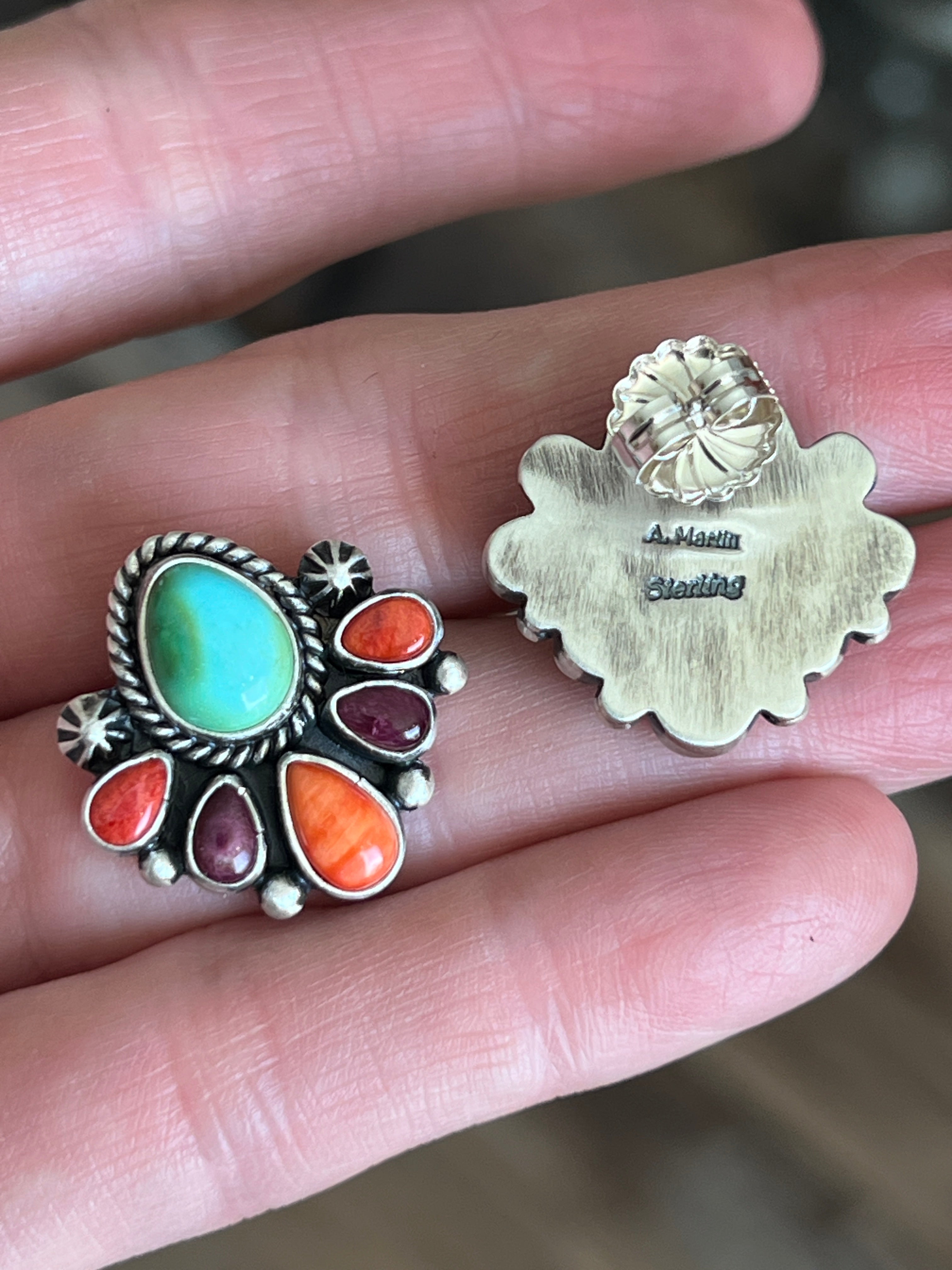 Handcrafted Sterling Silver Electric Rainbow Beaded Cluster Necklace & Earrings Set by Angela Martin