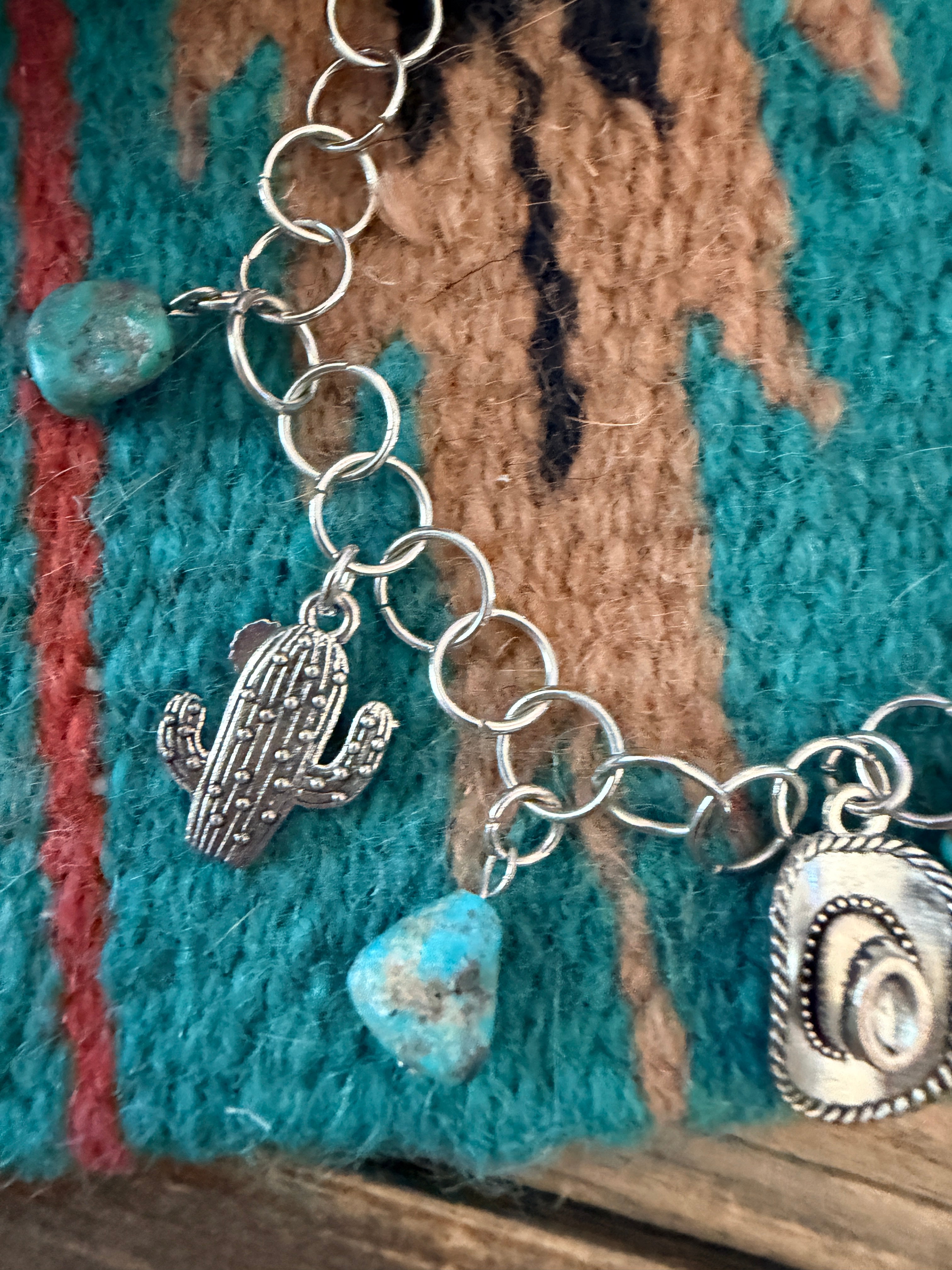 Handcrafted Old Pawn Sterling Silver & Turquoise Cowboy Charm Bracelet