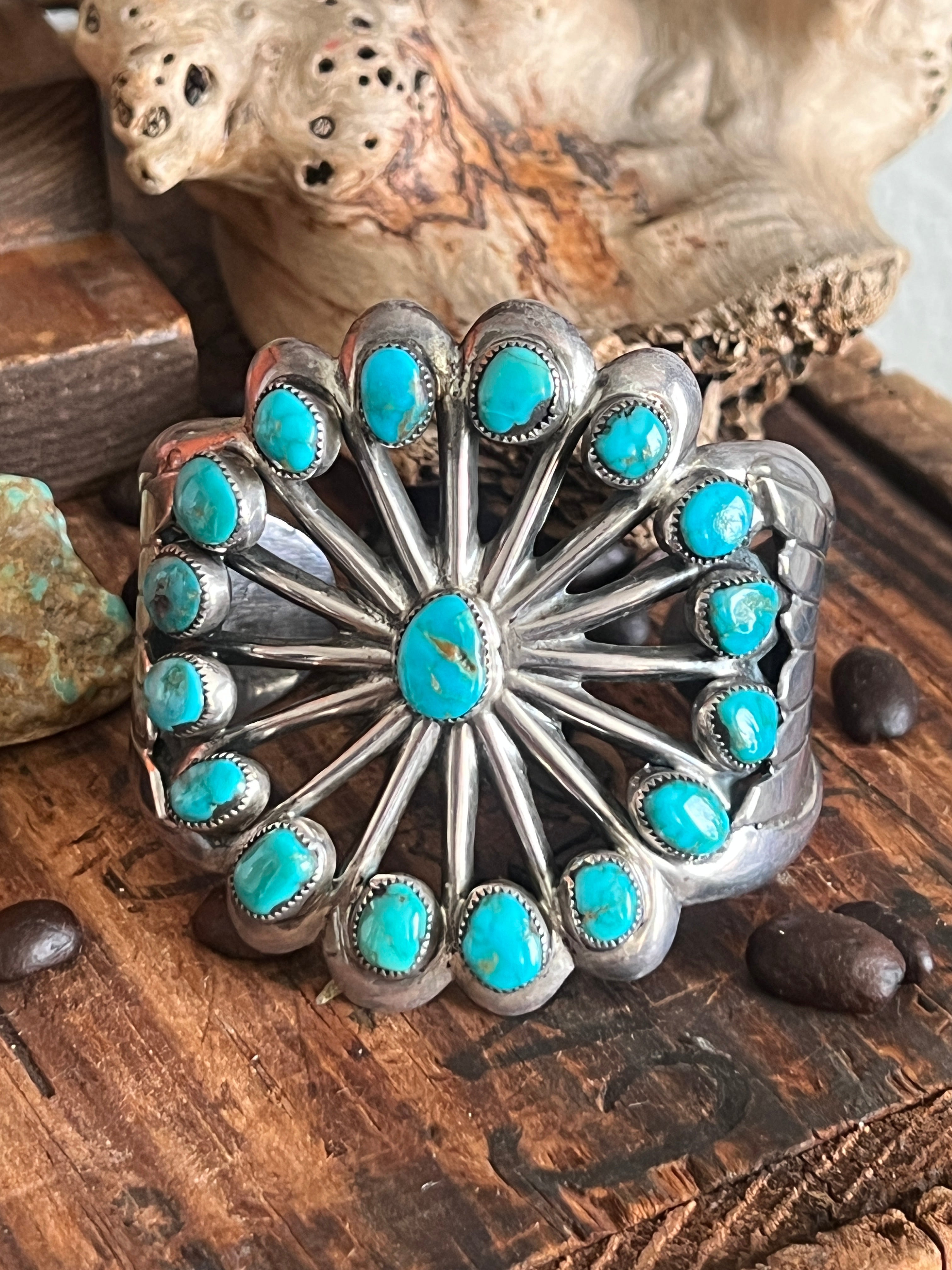 Vintage Cast Sterling Silver and Turquoise Flower Motif Cuff Bracelet