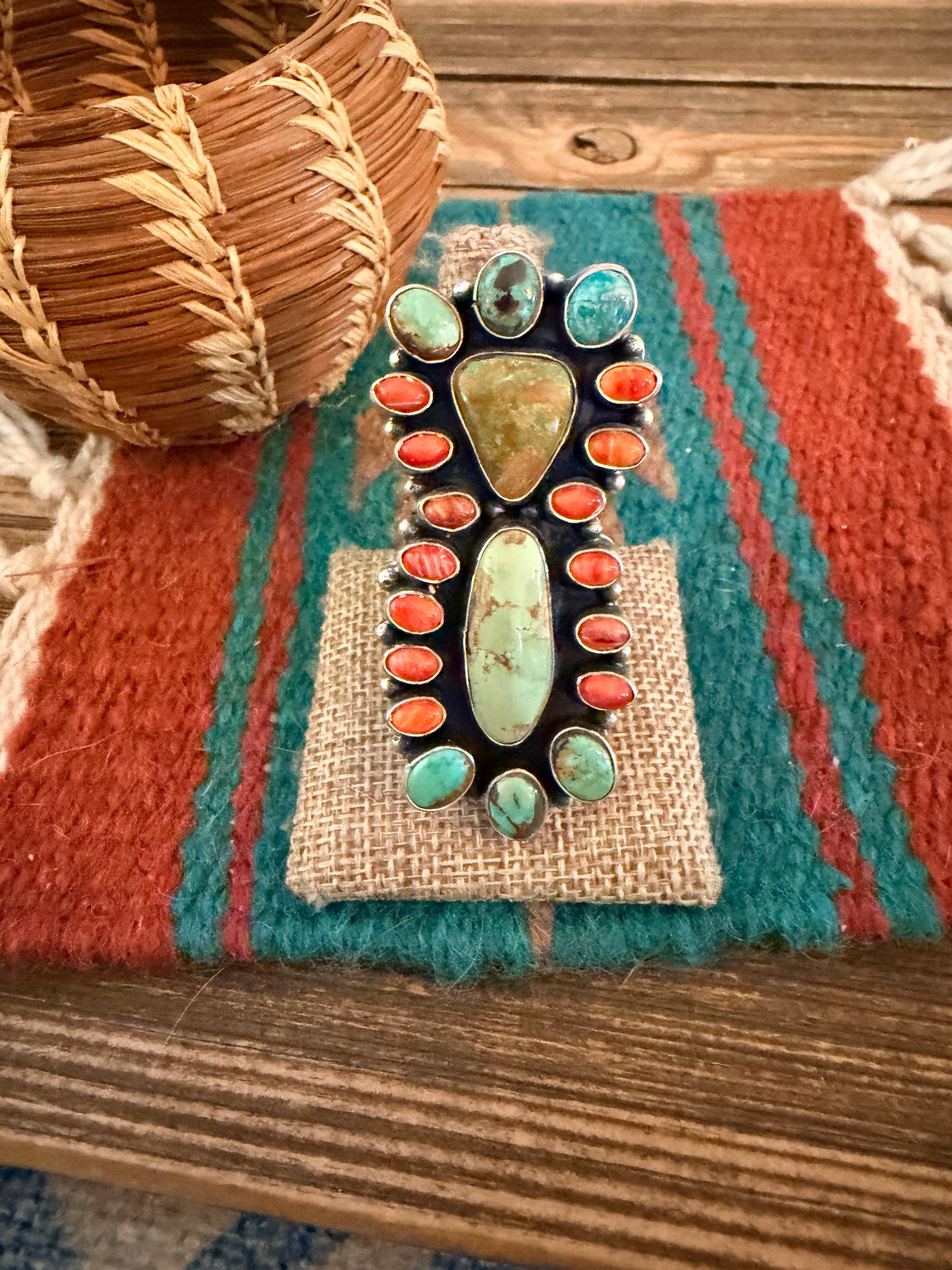 Handcrafted Spiny Oyster, Turquoise & Sterling Silver Cluster Ring by Sheila Becenti Size 10