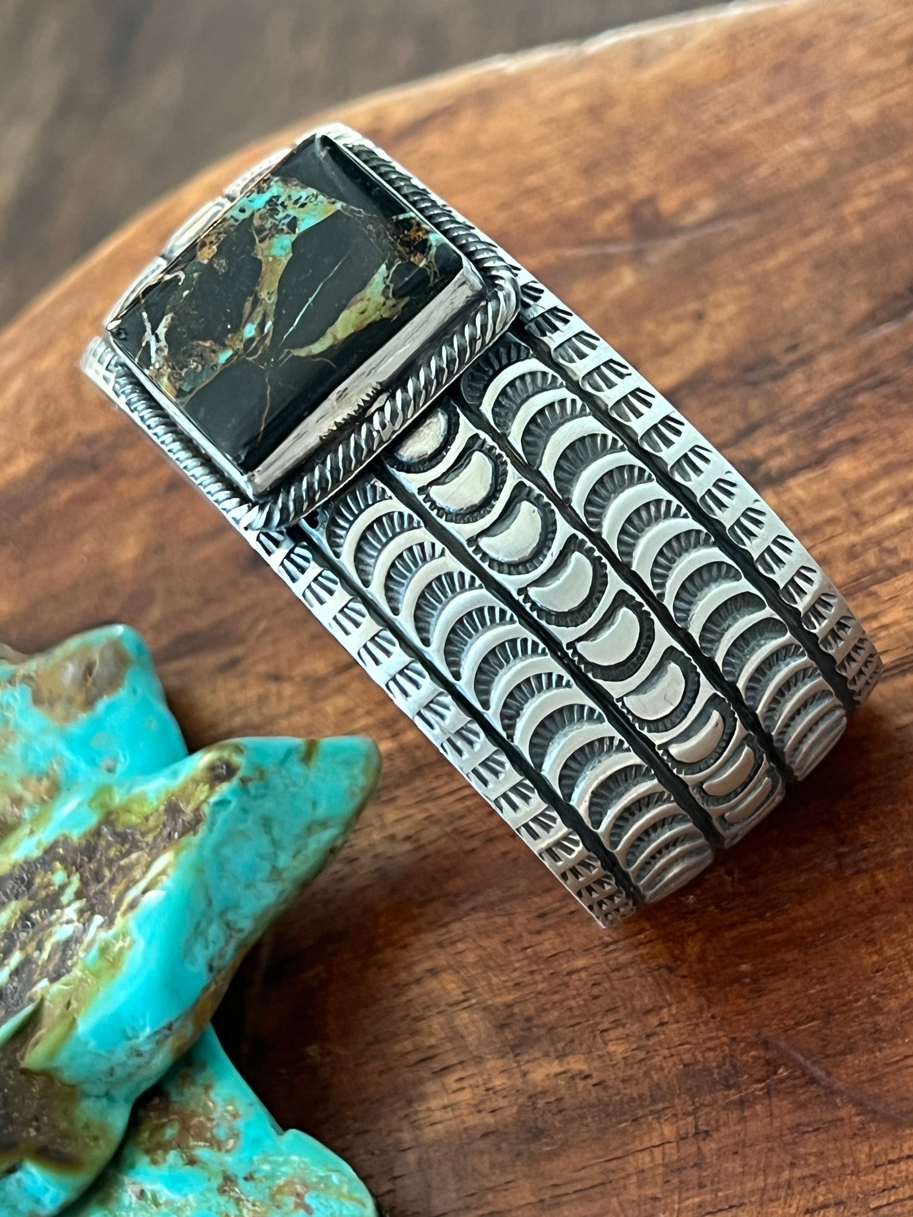Handcrafted Sterling Silver and Blackjack Turquoise Hand Stamped Cuff Bracelet by Randy Boyd
