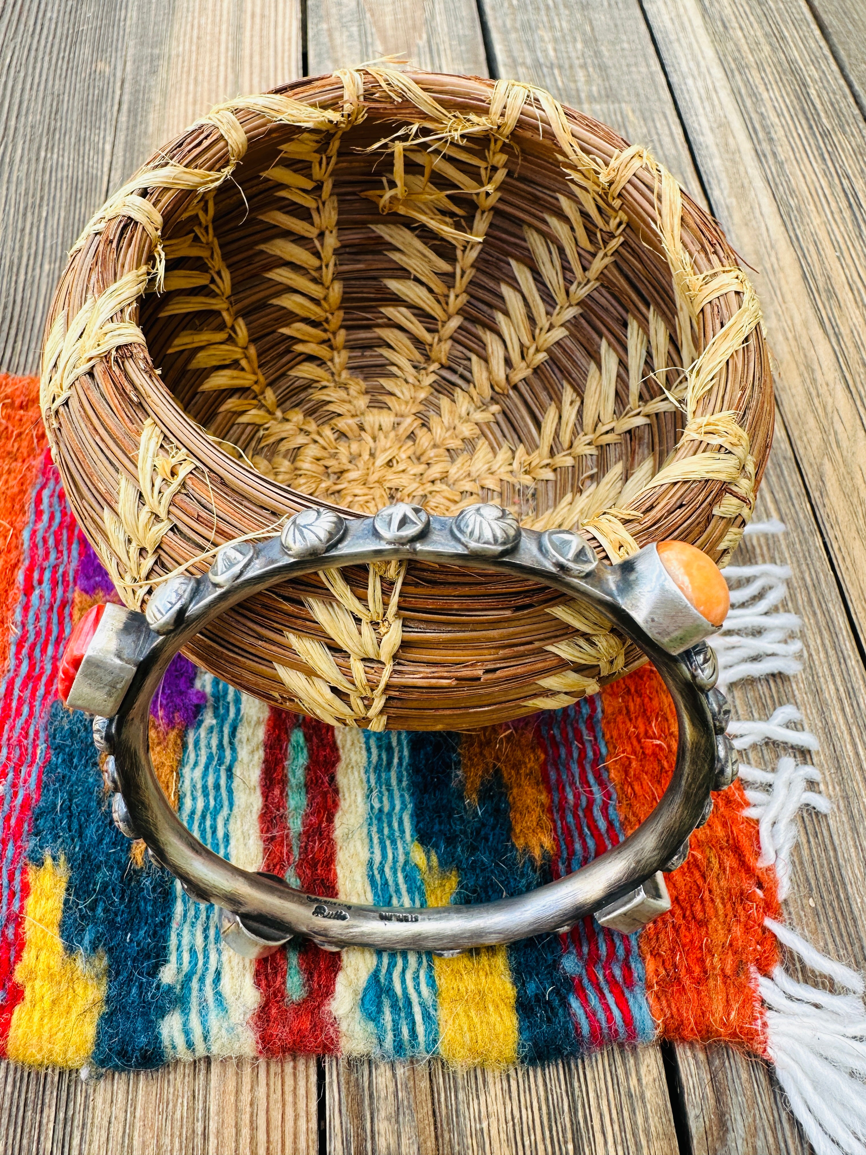 Handcrafted Spiny Oyster & Sterling Silver Bangle Bracelet by Chimney Butte