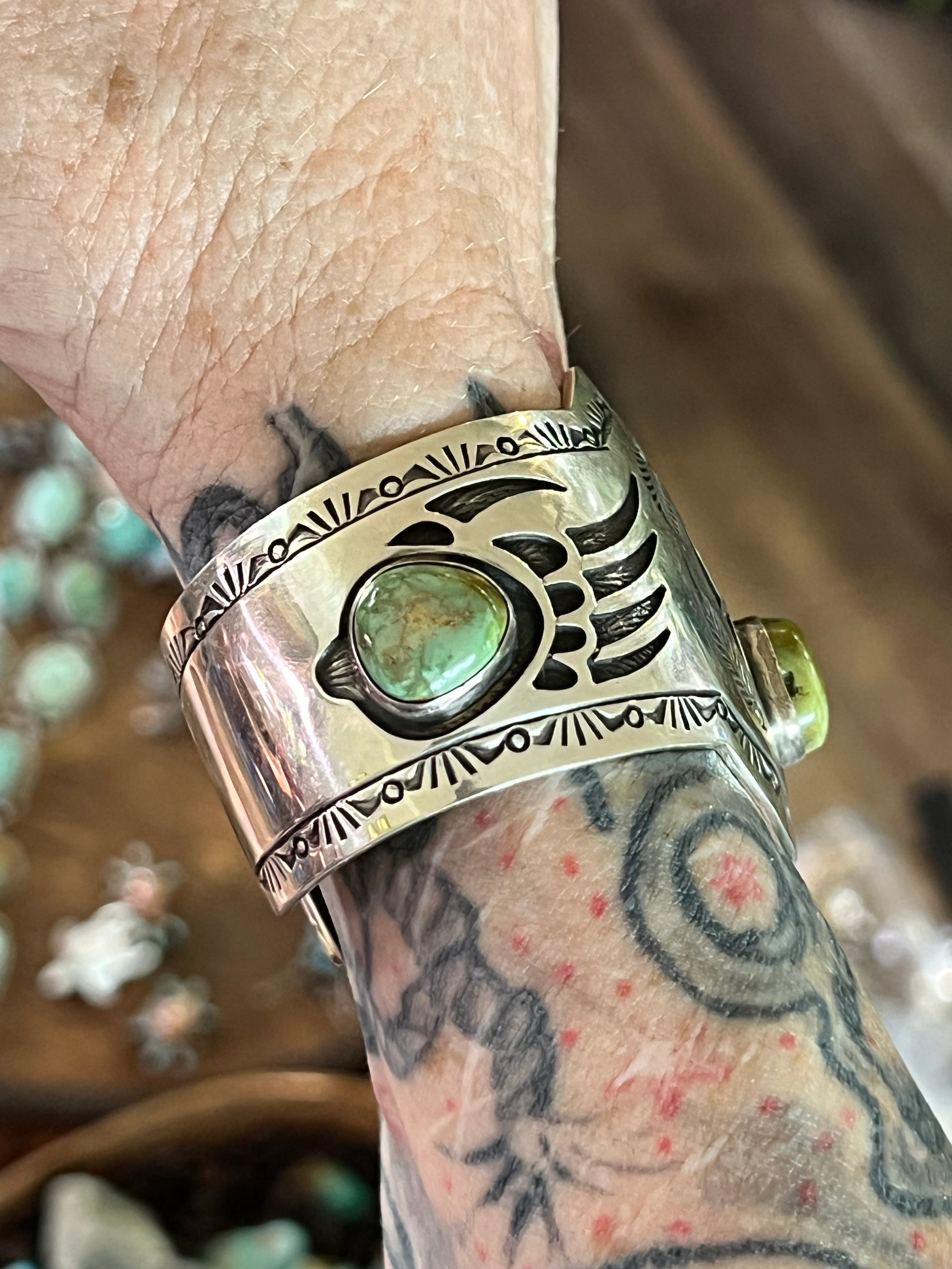 Handcrafted Old Pawn Sterling Silver and Royston Turquoise Overlay Bear Paw Cuff Bracelet by Charlie Bowie /