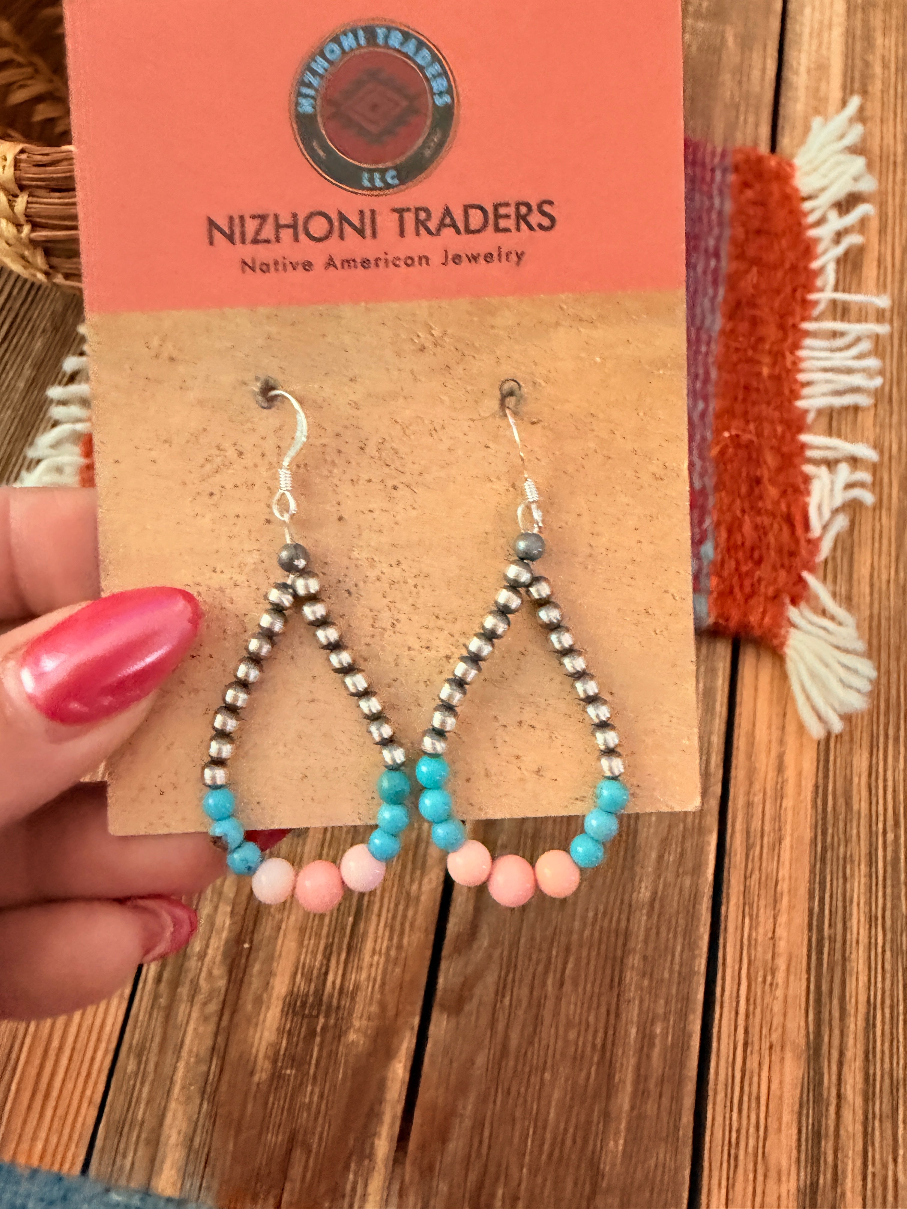 Handcrafted Pink Conch, Turquoise & Sterling Silver Pearl Beaded Dangle Hoop Earrings