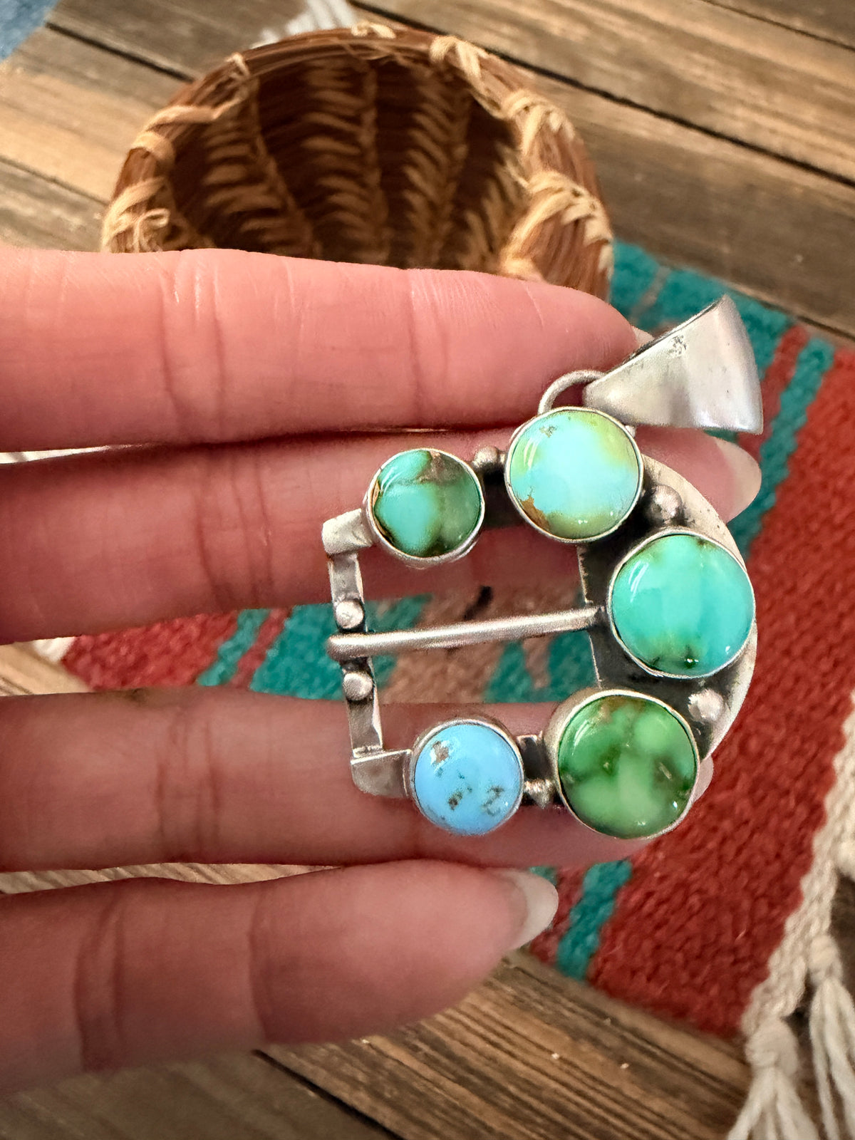 Handcrafted Sterling Silver & Turquoise Belt Buckle Pendant by Russell Sam