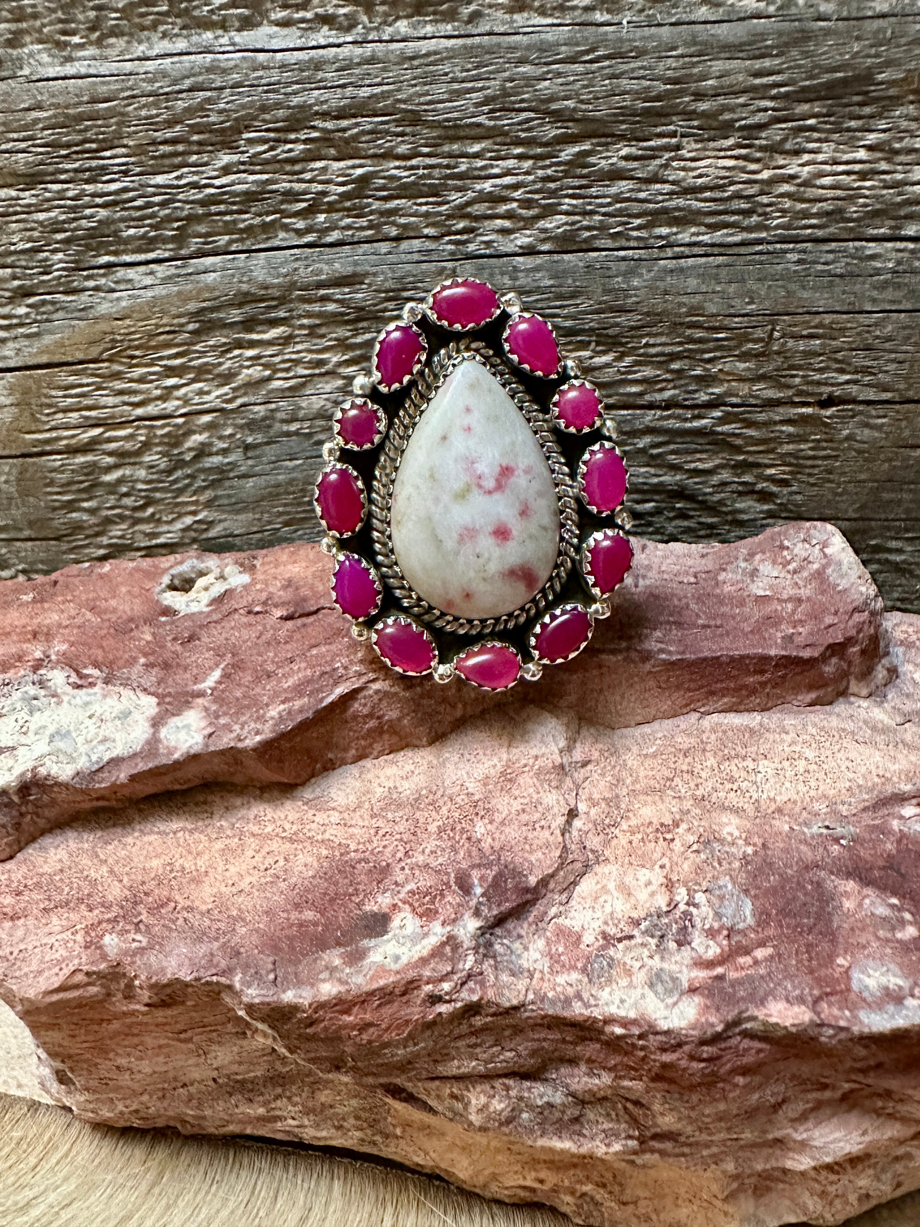 Handmade Pink & White Opal Sterling Silver Adjustable Ring