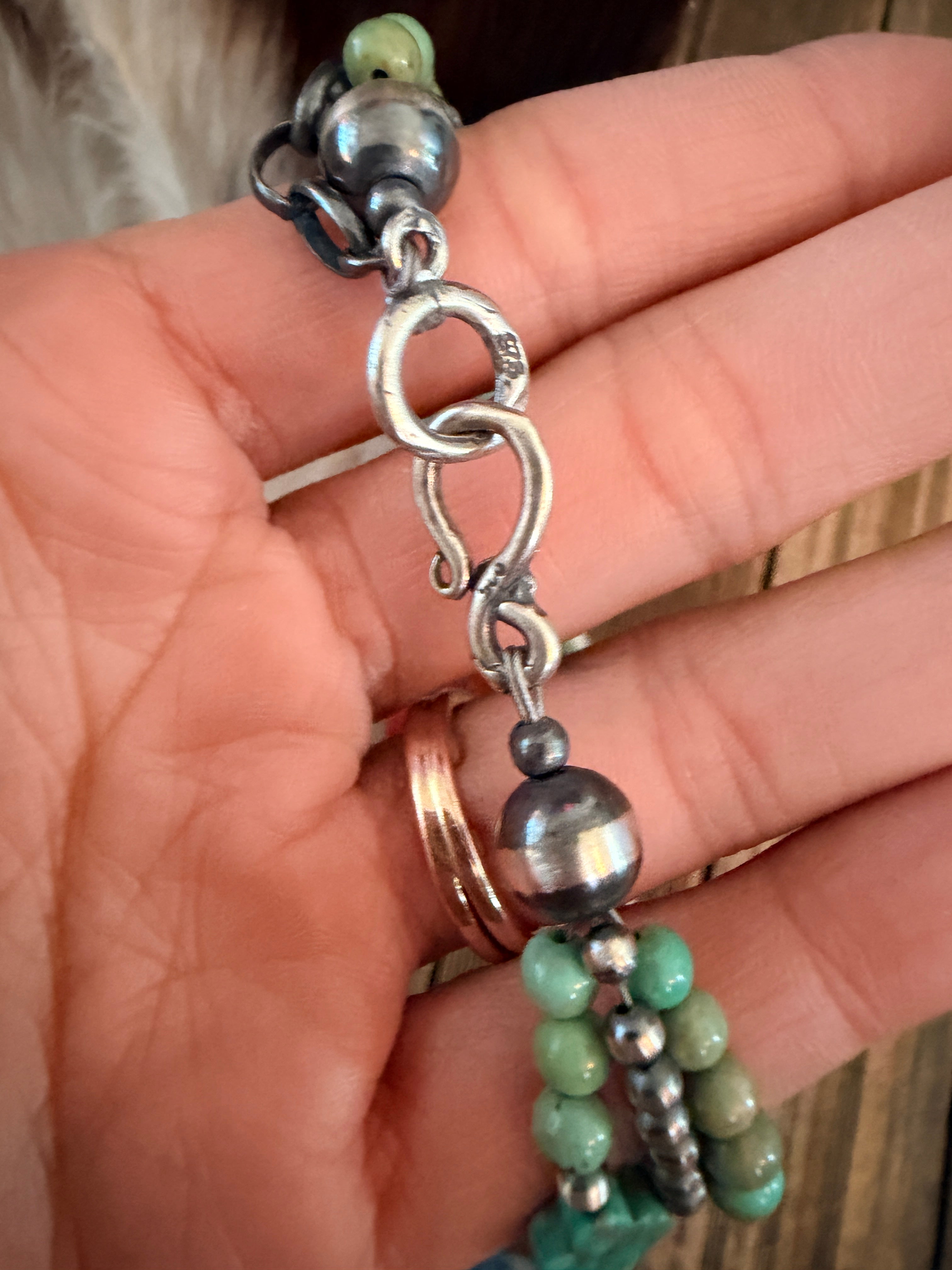 Handcrafted Turquoise and Sterling Silver Pearl Triple-Strand Beaded Necklace
