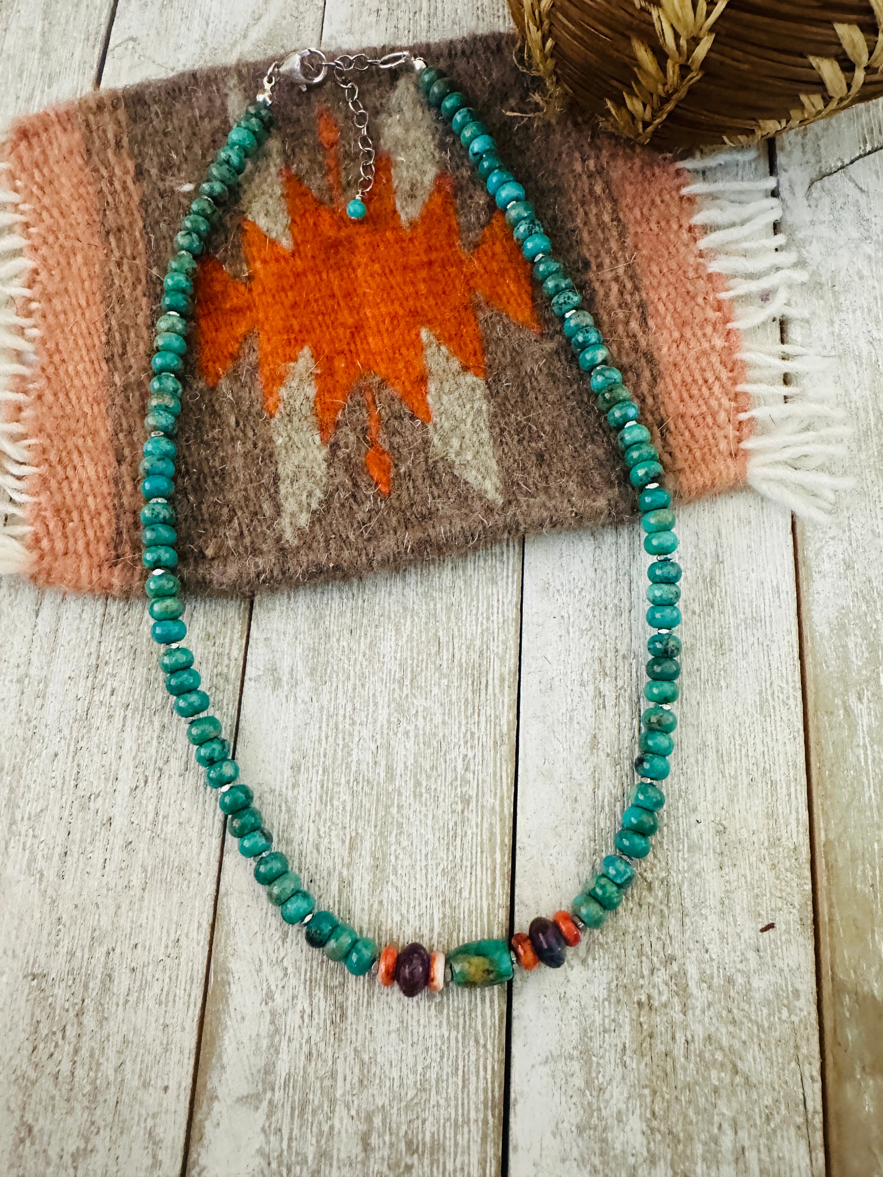 Handcrafted Turquoise, Spiny, Amethyst & Sterling Silver 16” Beaded Necklace