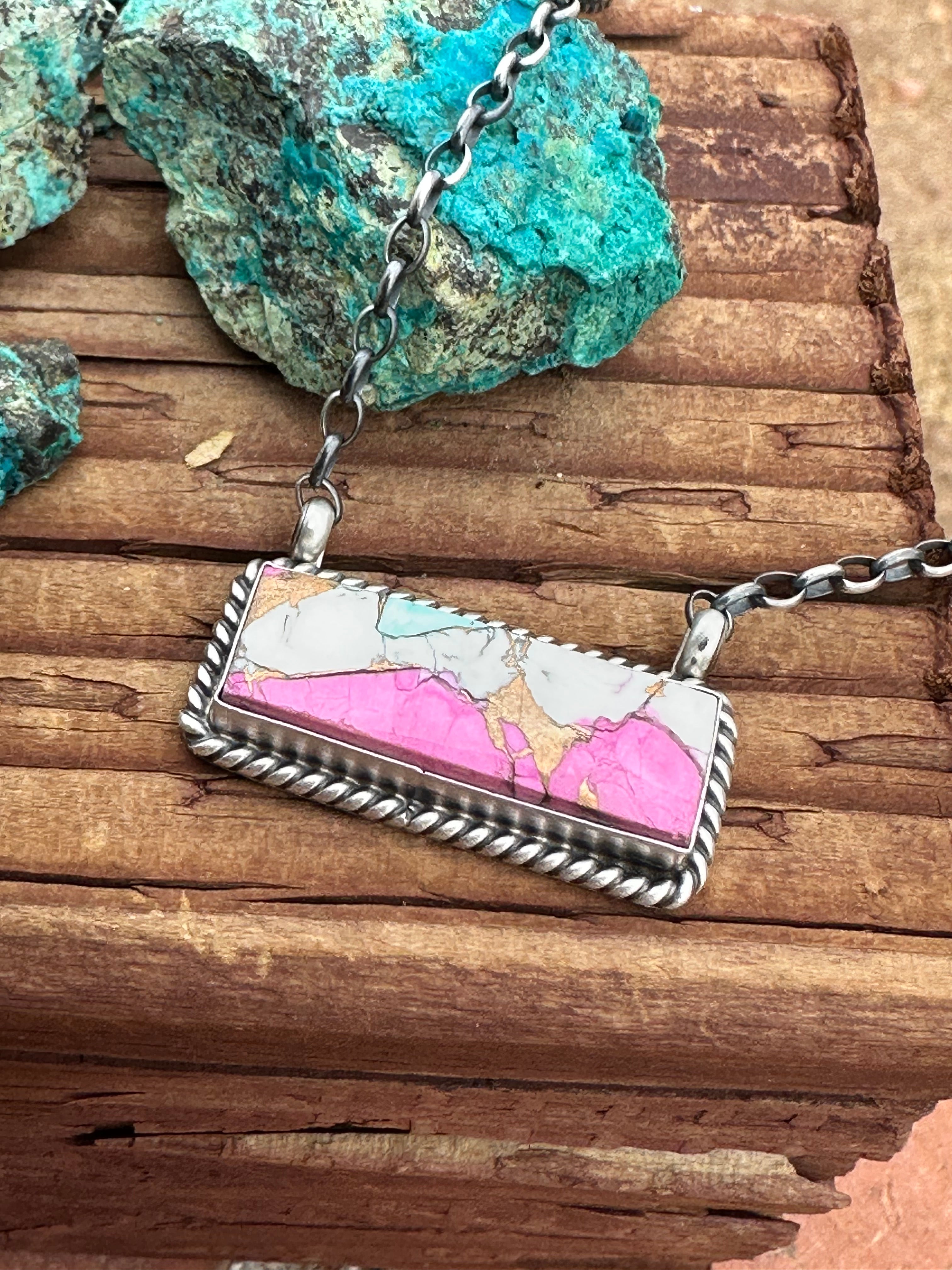 Handcrafted Cotton Candy Sterling Silver Handmade Bar Necklace