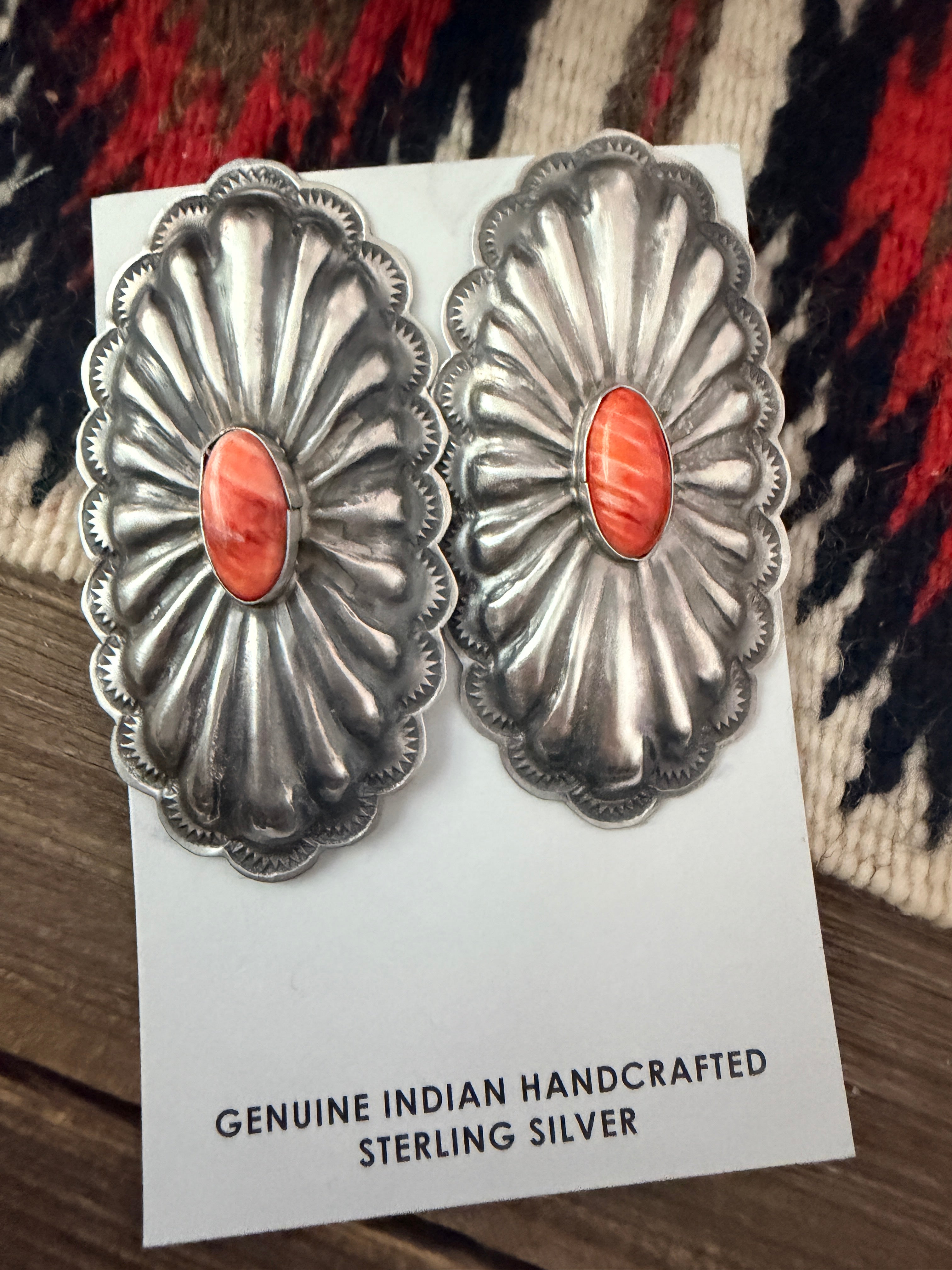 Handcrafted Spiny Oyster & Sterling Silver Concho Post Earrings by Rita Lee