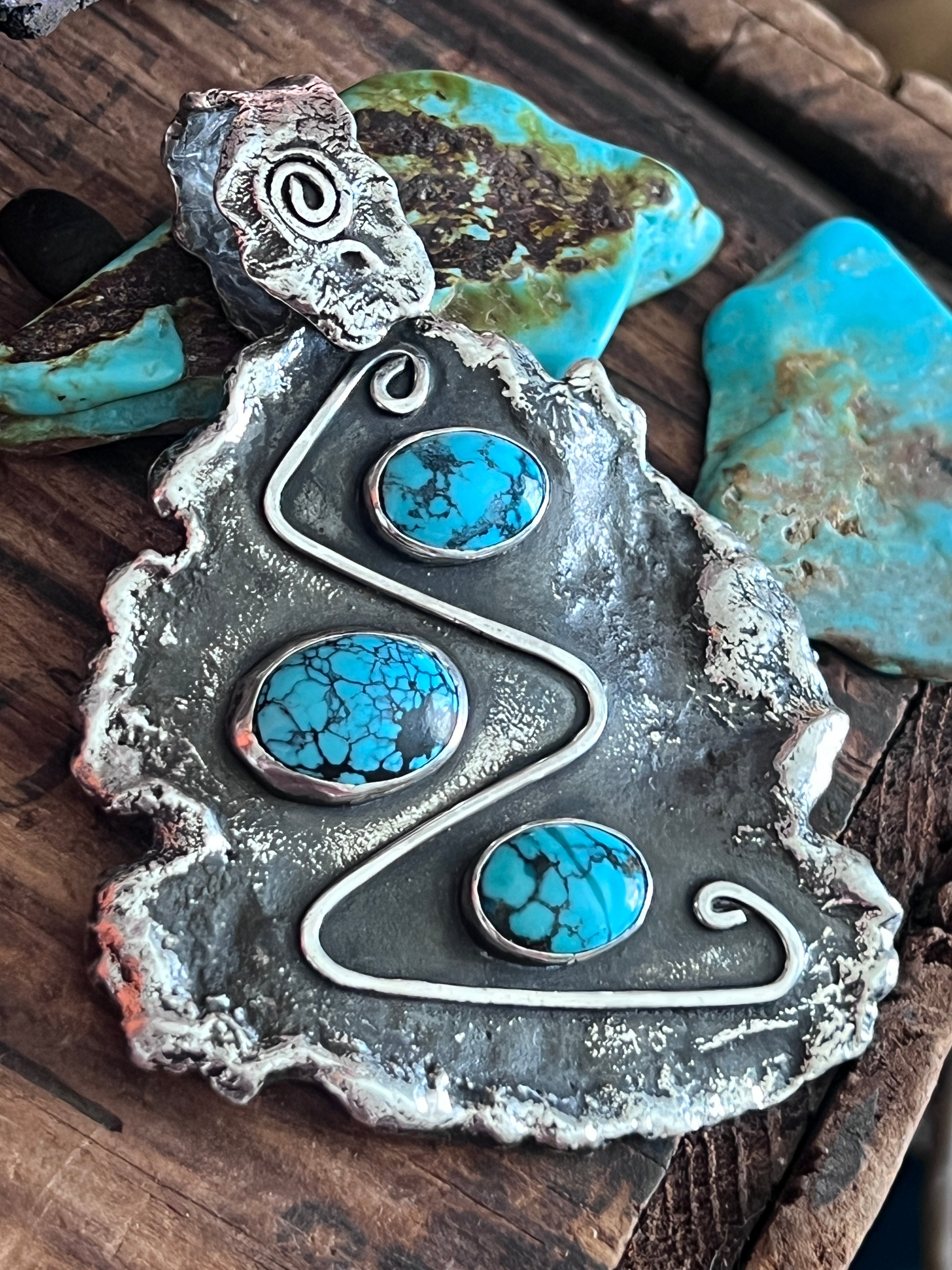 Vintage Artisan Sterling Silver and Turquoise Brutalist Style Pendant Signed Sandee Kelly