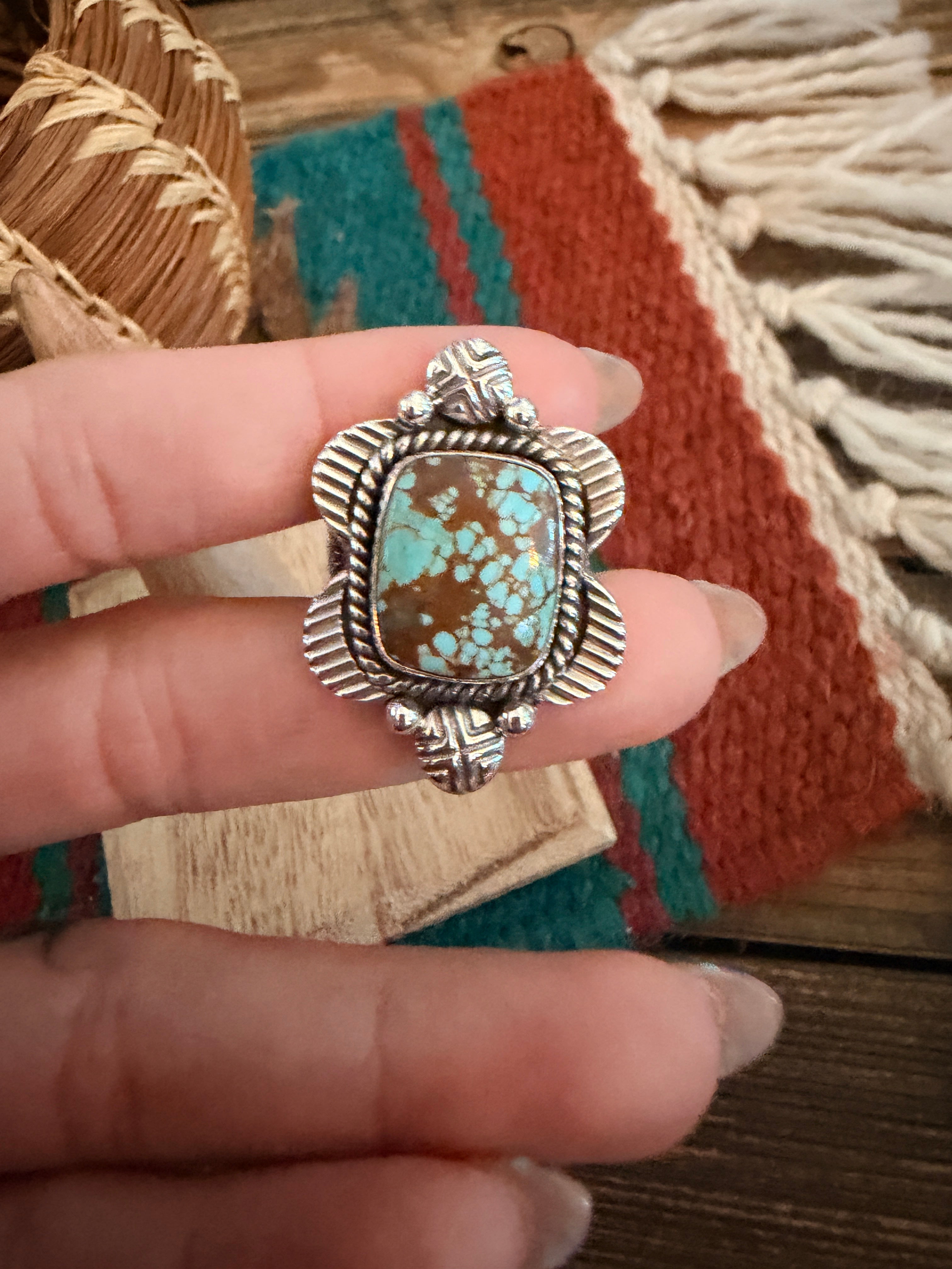 Handmade Sterling Silver Number 8 Turquoise Adjustable Ring Signed Nizhoni