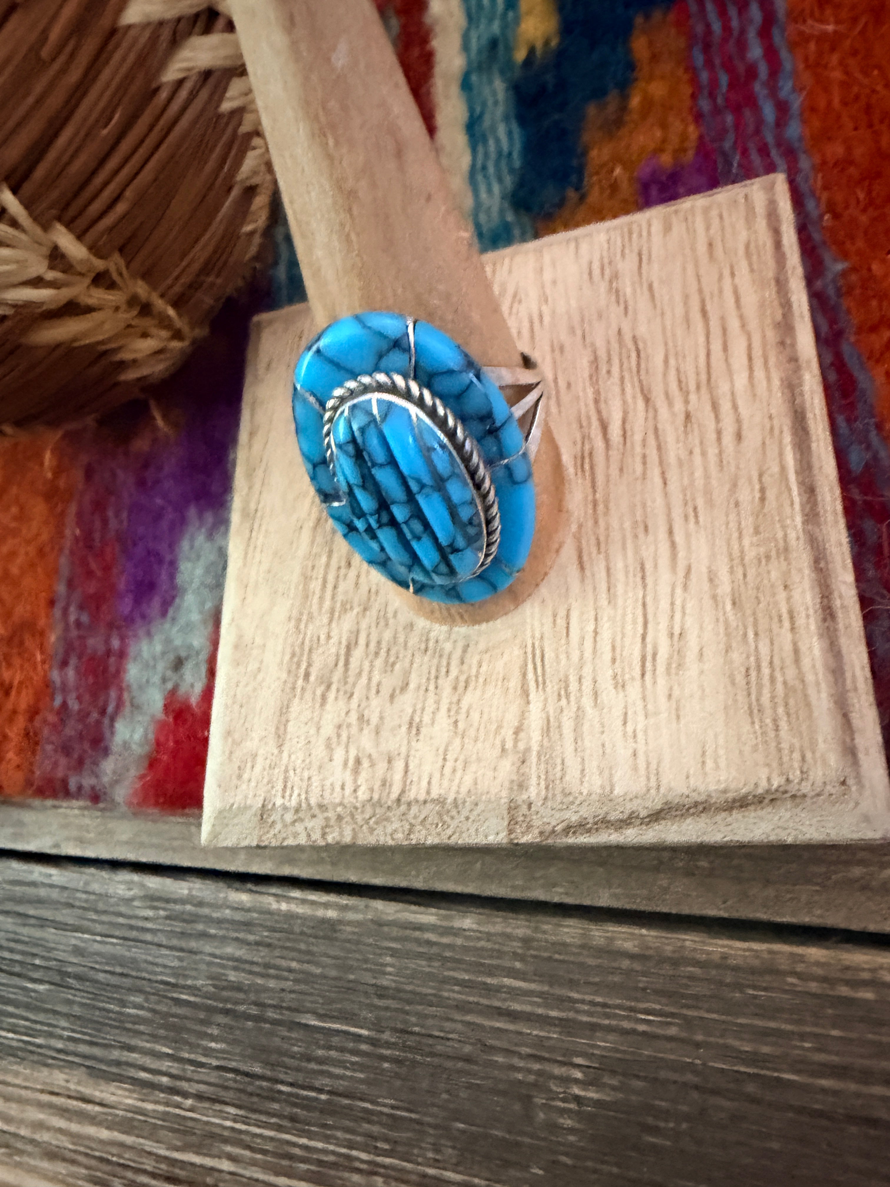 Old Pawn Handcrafted Turquoise & Sterling Silver Inlay Ring Size 11