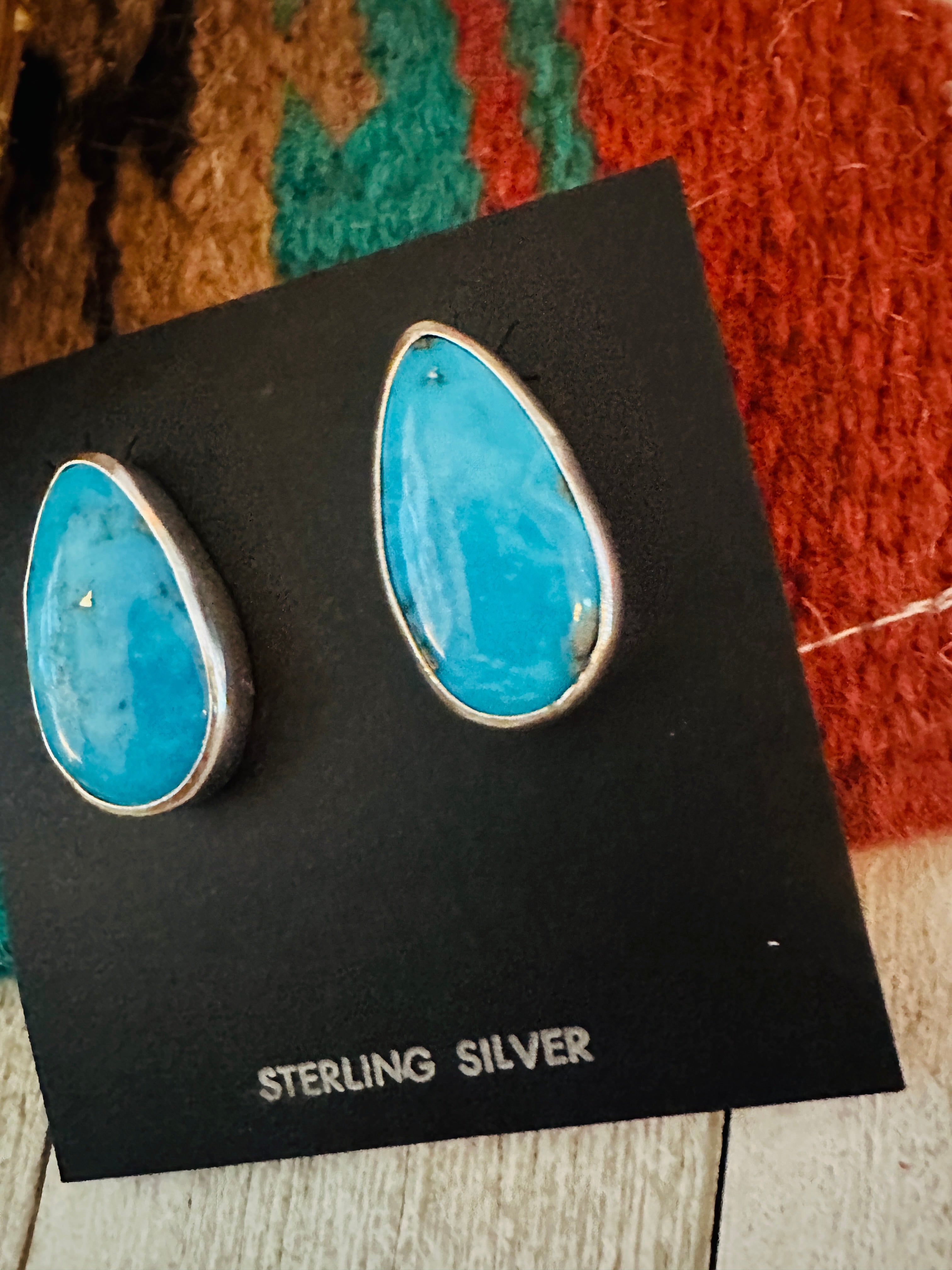 Handcrafted Turquoise & Sterling Silver Post Earrings Signed