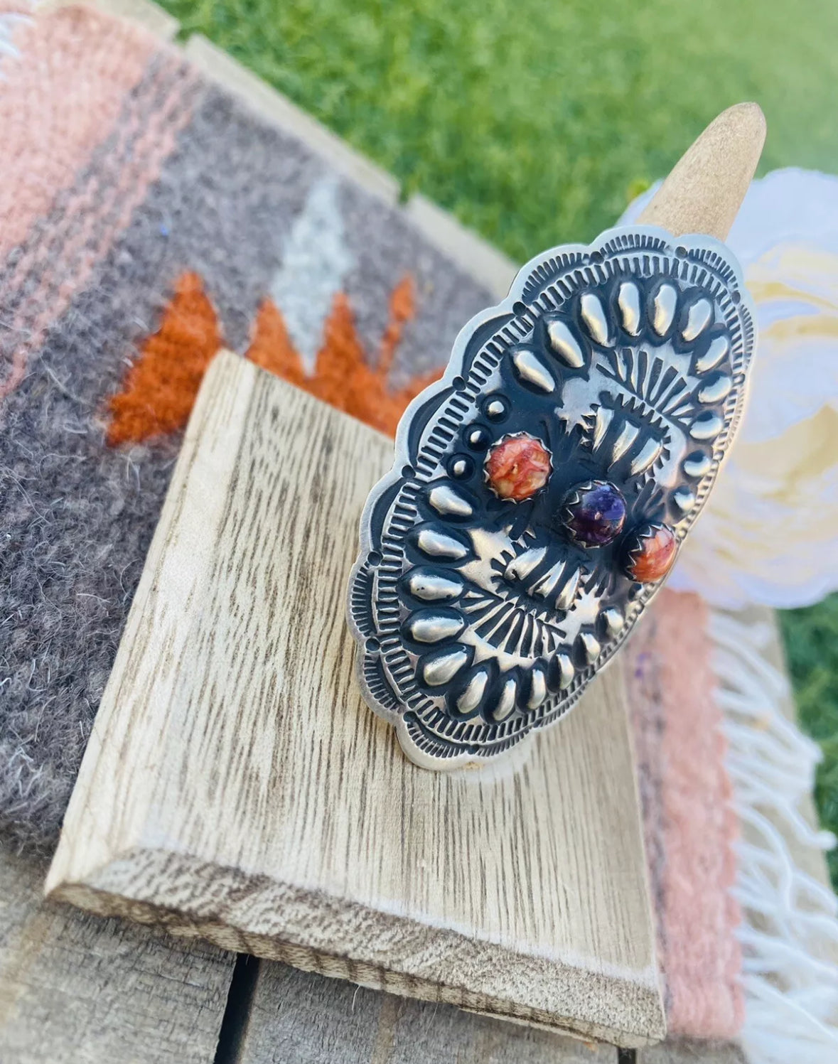 Handcrafted Spiny, Sterling Silver Adjustable Concho Ring by Leander Tahe