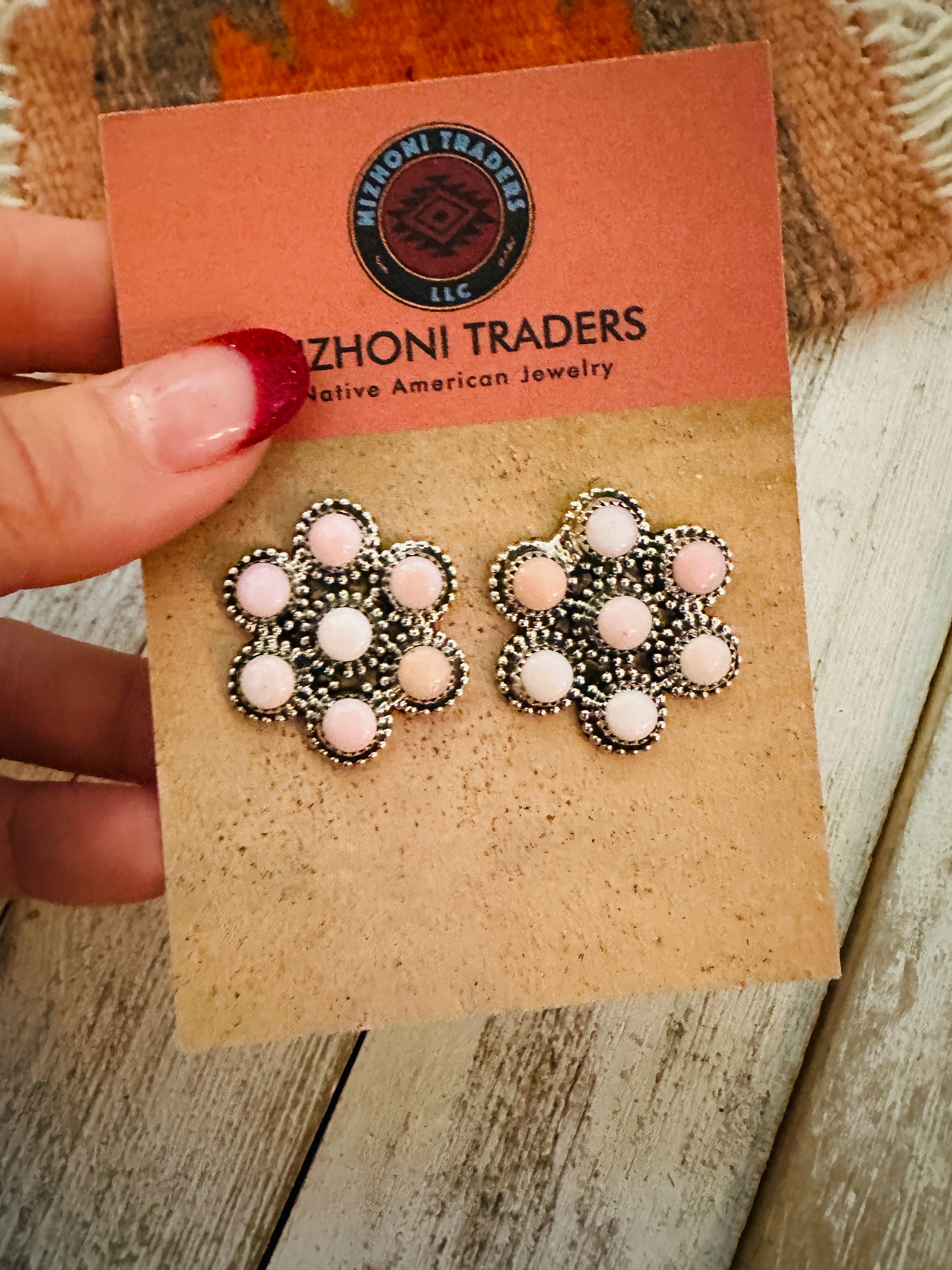 Navajo Sterling Silver & Queen Pink Conch Flower Cluster Earrings