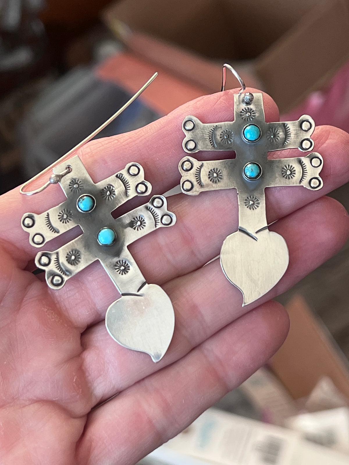 Hand Stamped Sterling Silver Dragonfly Cross Heart Dangle Earrings with Kingman Turquoise by Kimari Somers, Shaped Bars