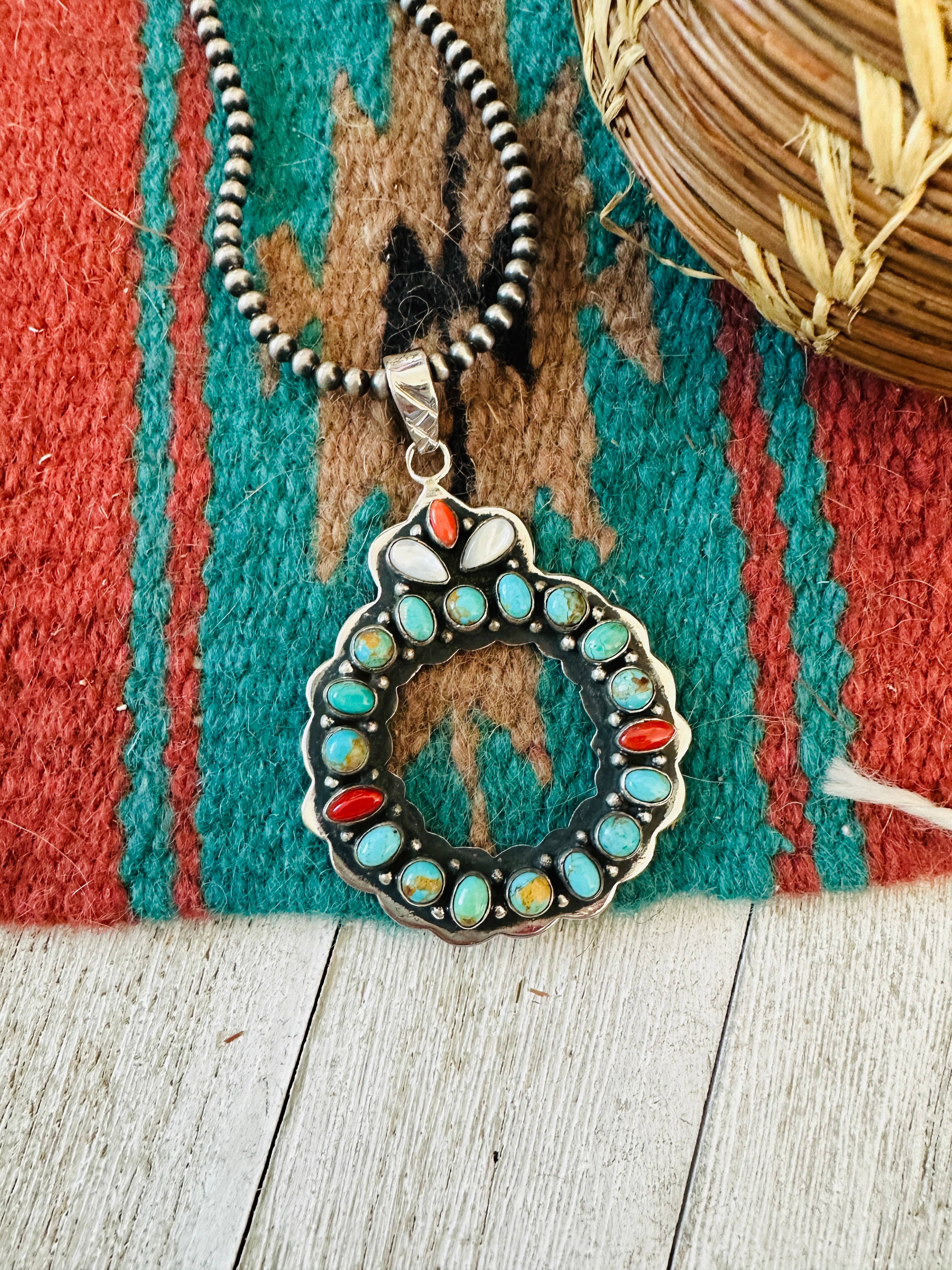 ** Christmas Collection ** Handmade Sterling Silver, Turquoise & Coral Wreath Pendant Signed Nizhoni